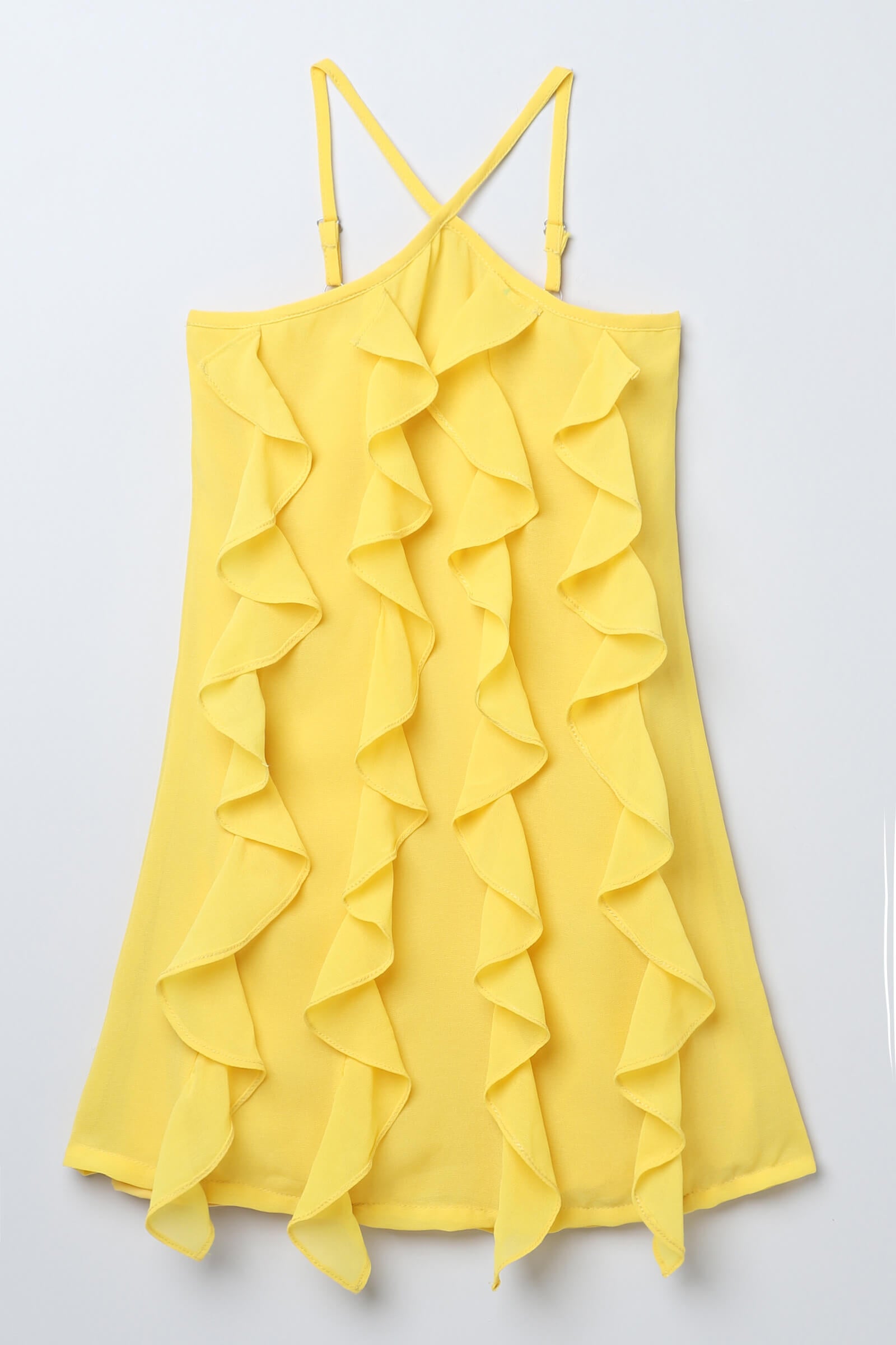 georgette woven sleeveless cascade ruffle Aline dress-Yellow