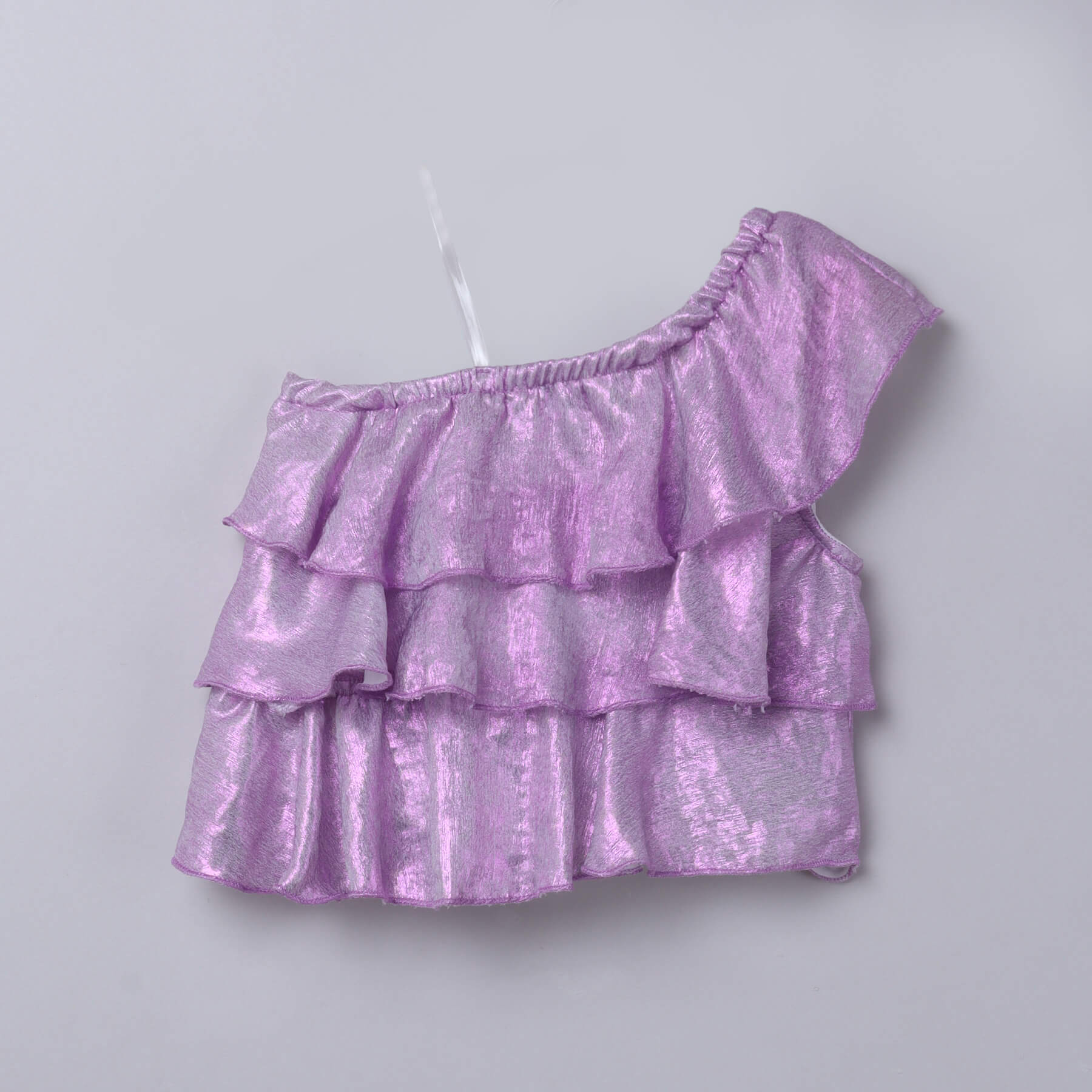 Foil printed one shoulder ruffle party crop top with metallic lurex skirt set-Purple/Multi