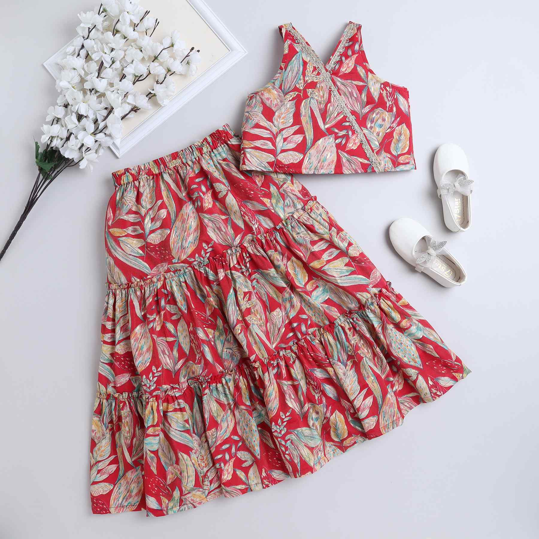 Taffykids leaf printed halter neck back tie up ethnic top and matching tier skirt set-Red/Multi