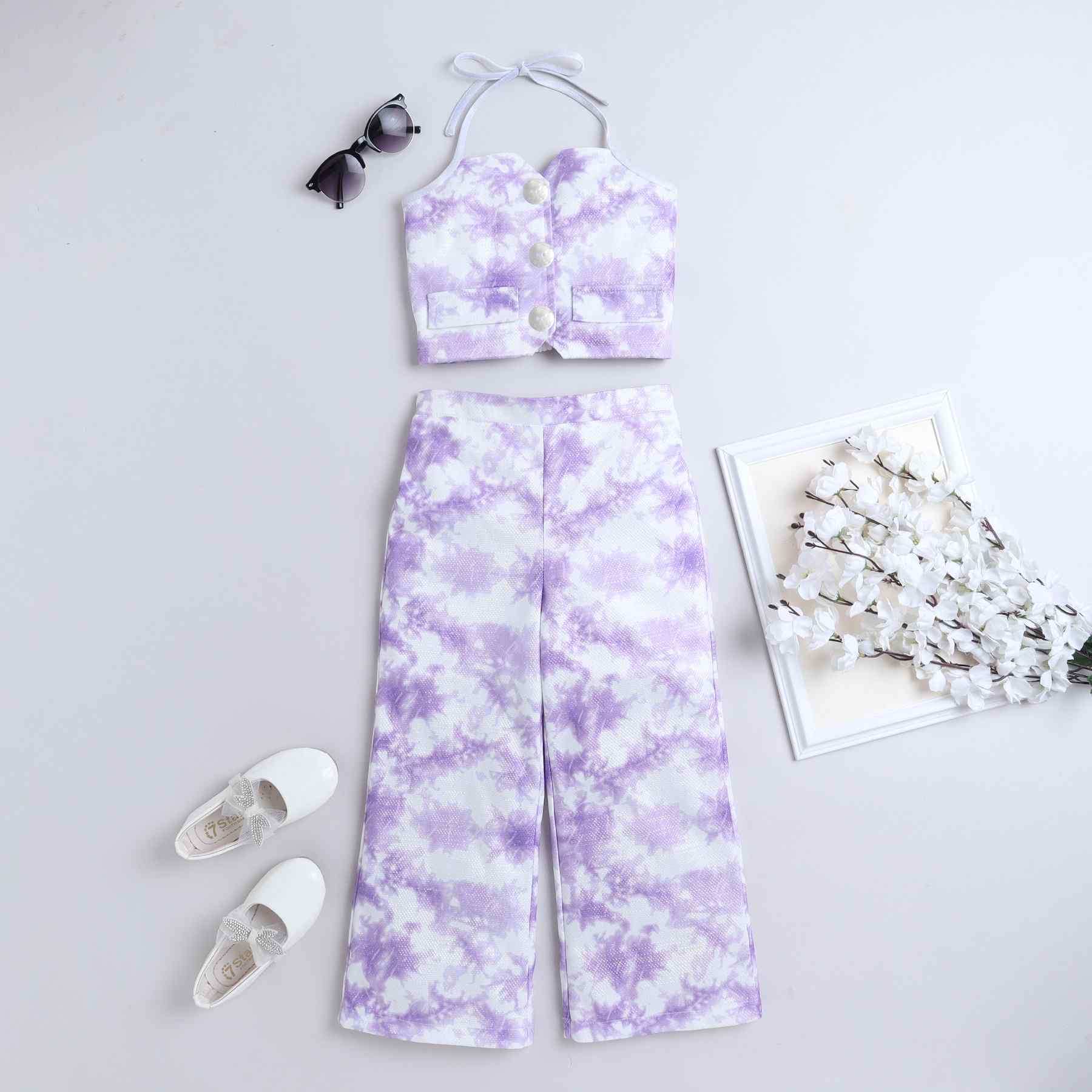 tie dye printed sleeveless halter neck party crop Vest and matching pant set-Lavender/white