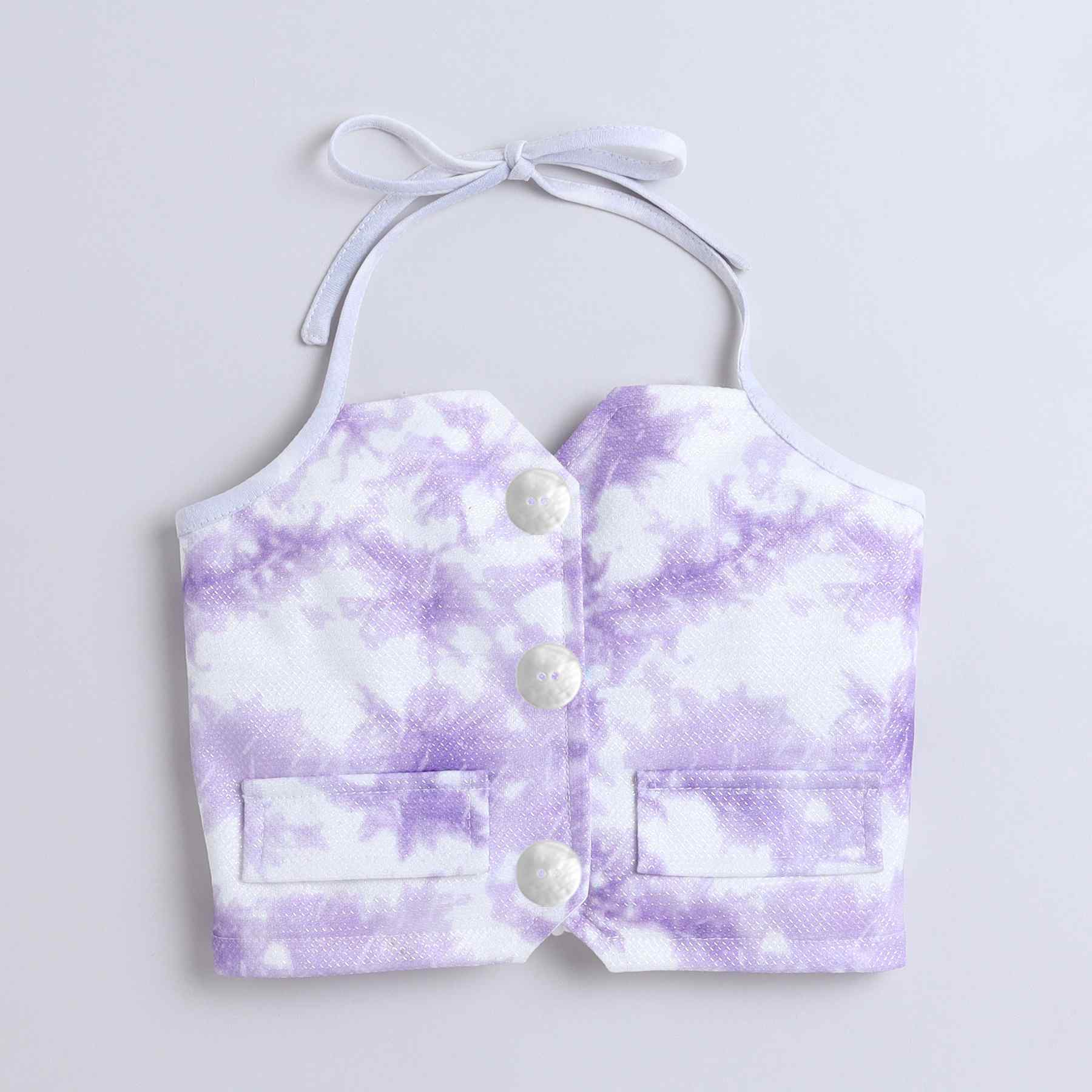 tie dye printed sleeveless halter neck party crop Vest and matching pant set-Lavender/white