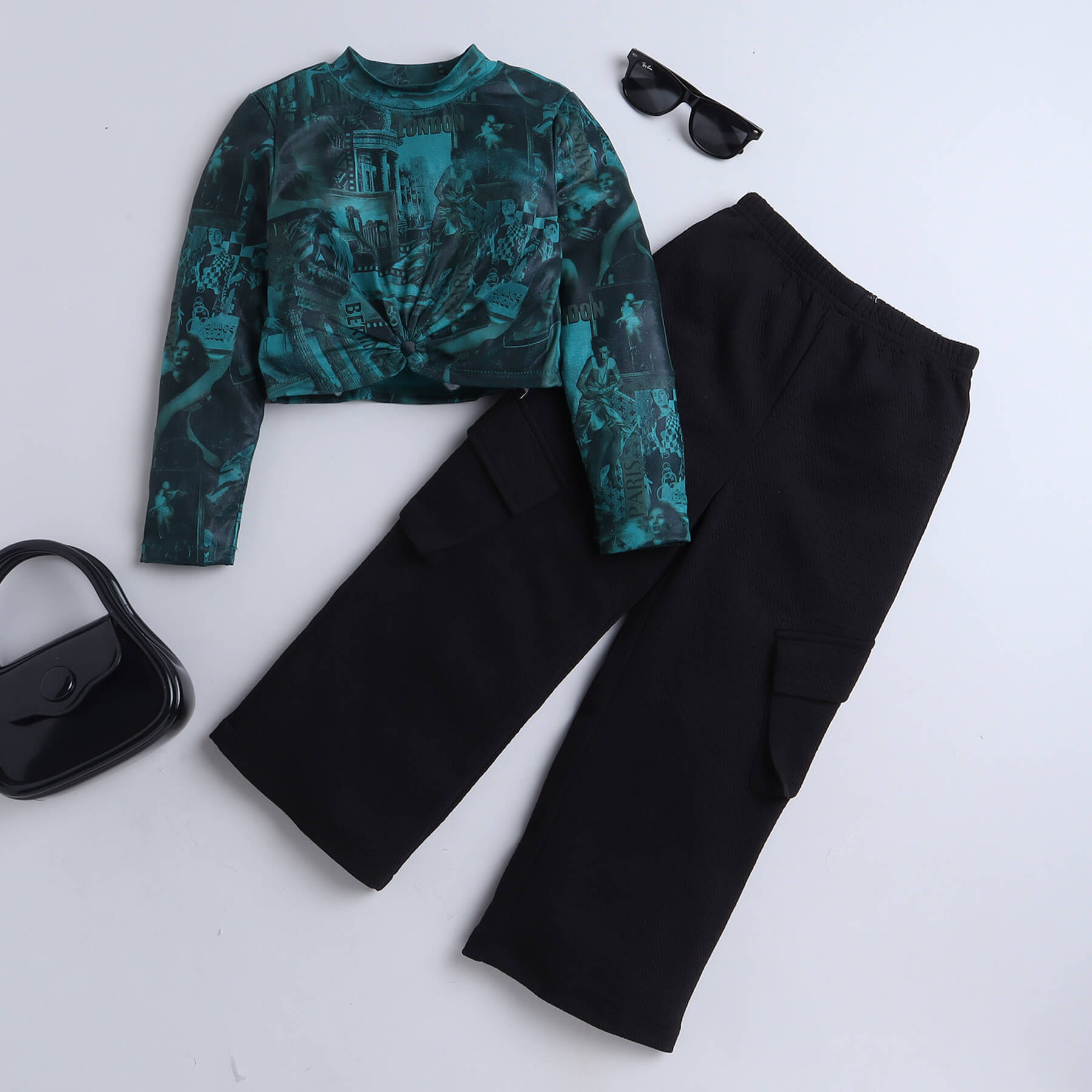 graphic printed full sleeves ring cut out crop top and cargo pant set-Green/Black