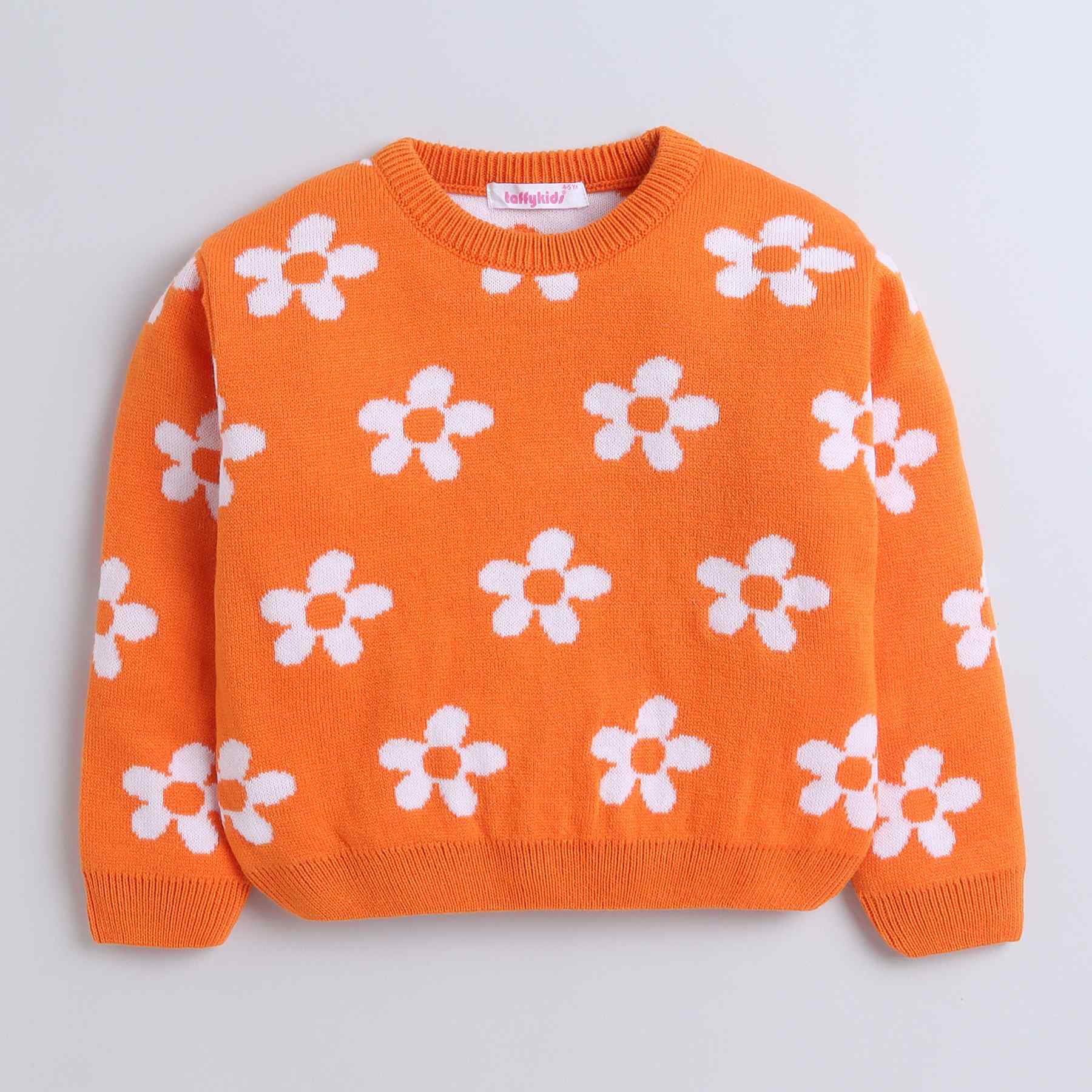 floral-knit full sleeves pullover sweater-Orange