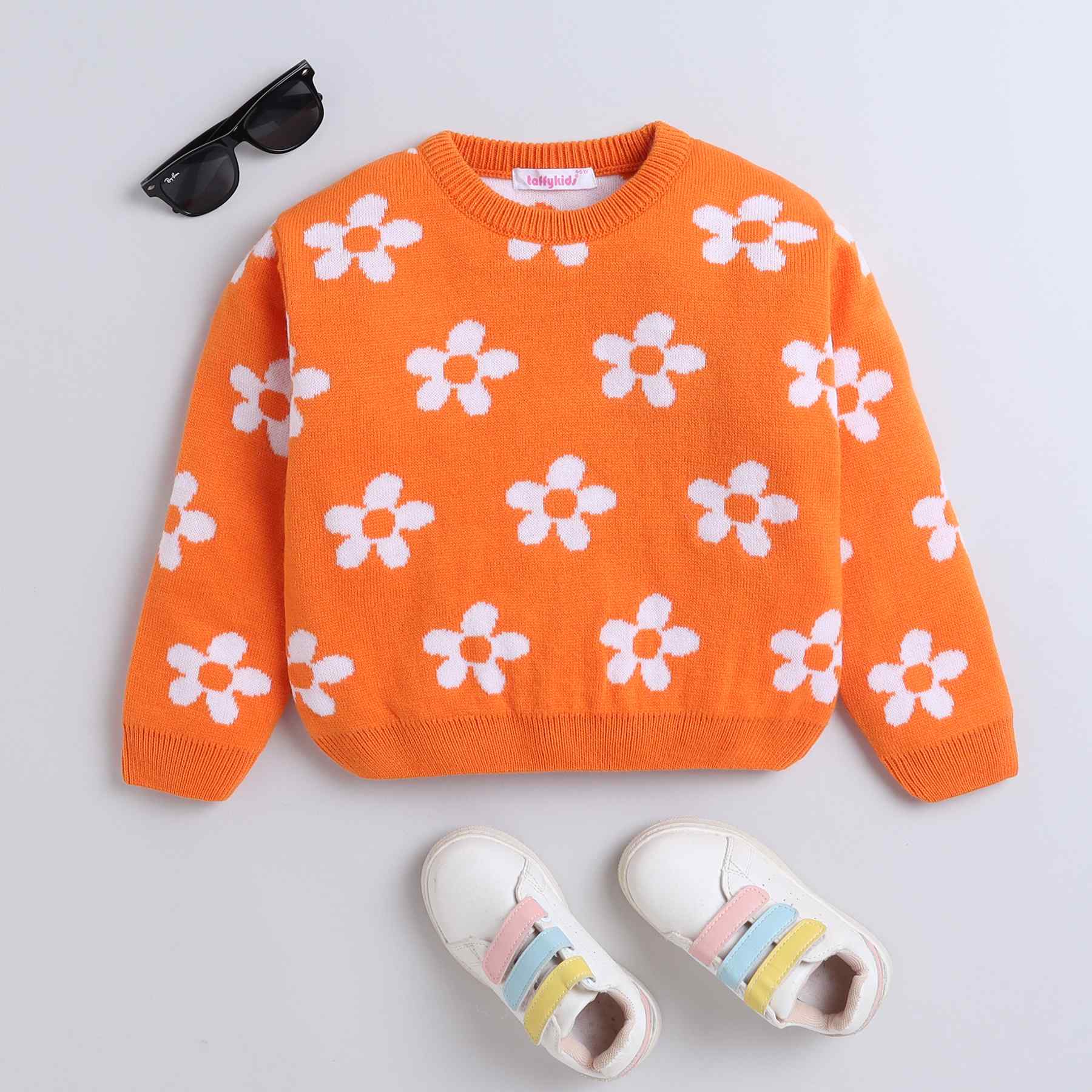 floral-knit full sleeves pullover sweater-Orange