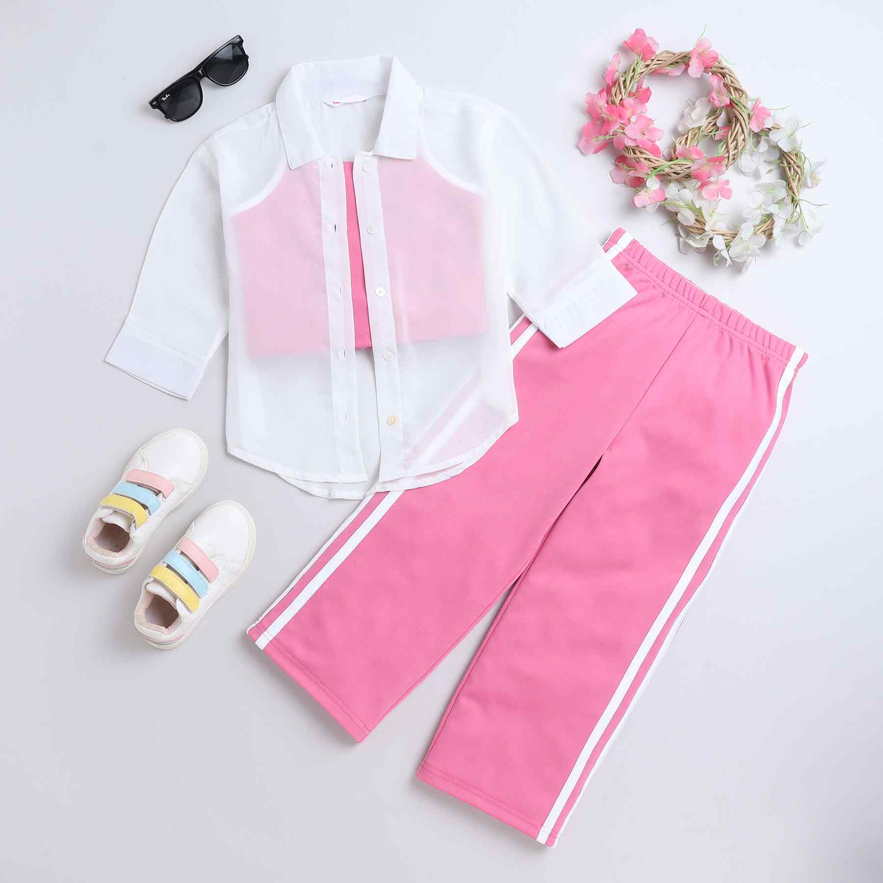 georgette oversized shirt with tape detail singlet crop top and matching pant set-White/Pink