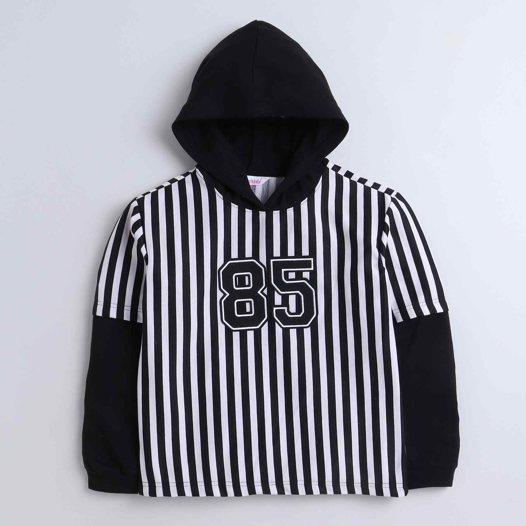 applique patch stripes printed full sleeves hooded tee with matching shorts set-Black/White