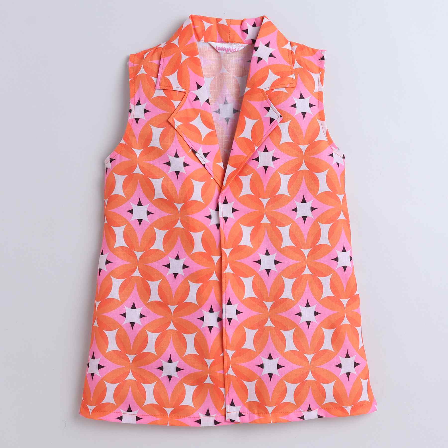 geometric printed sleeveless jacket with matching pant and singlet crop top set-Orange/multi