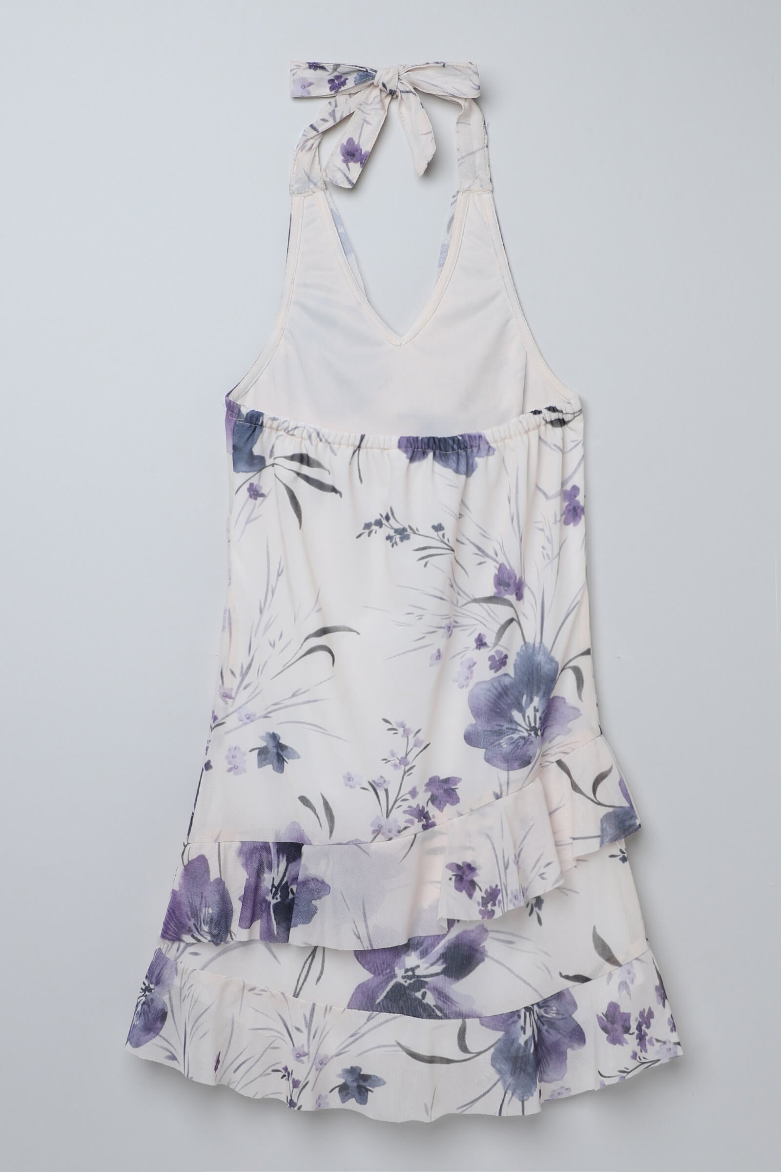 knit sleeveless floral printed front tie up and ruffle detail Aline Dress- Beige