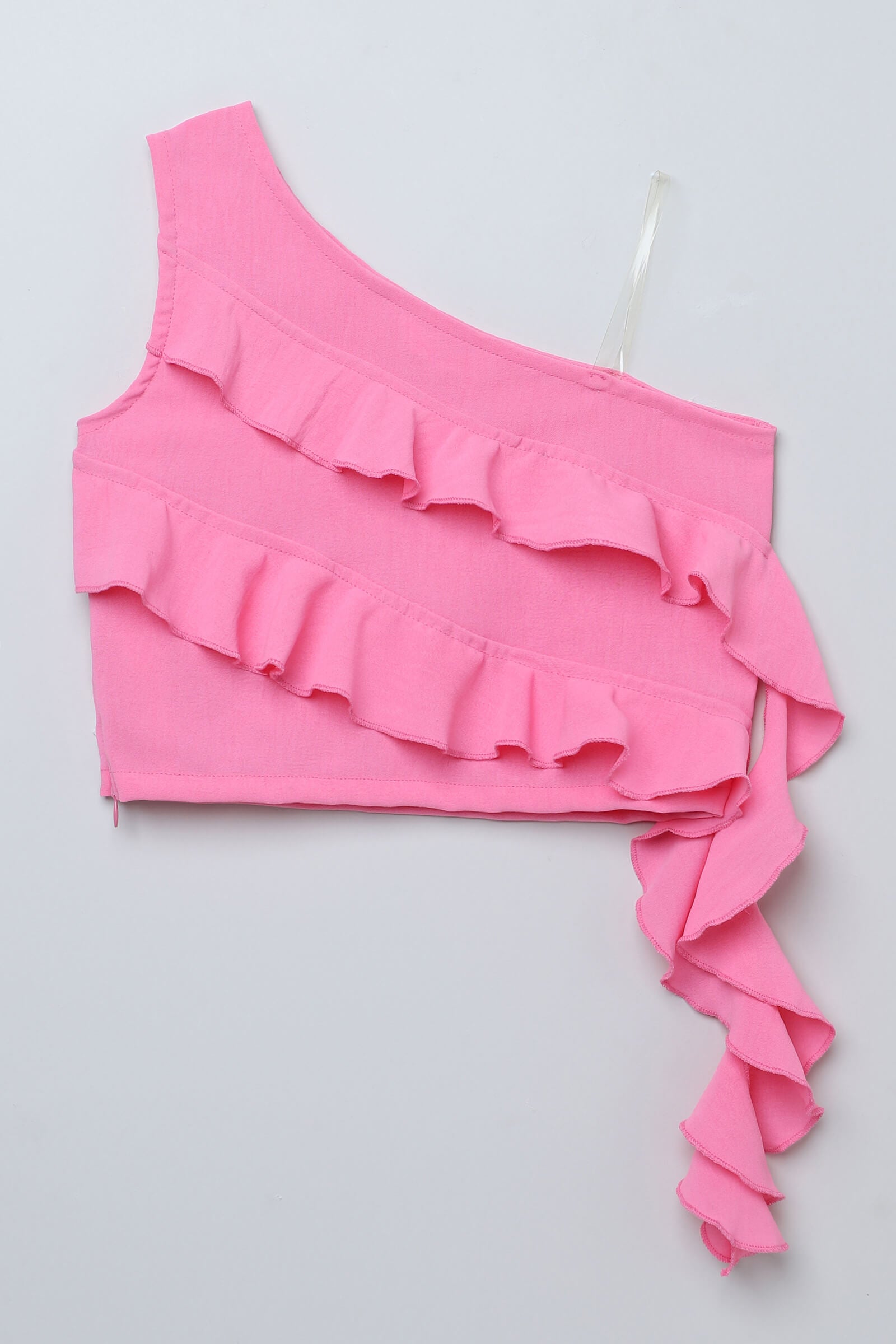 woven sleeveless ruffle detail one shoulder crop Top-Pink