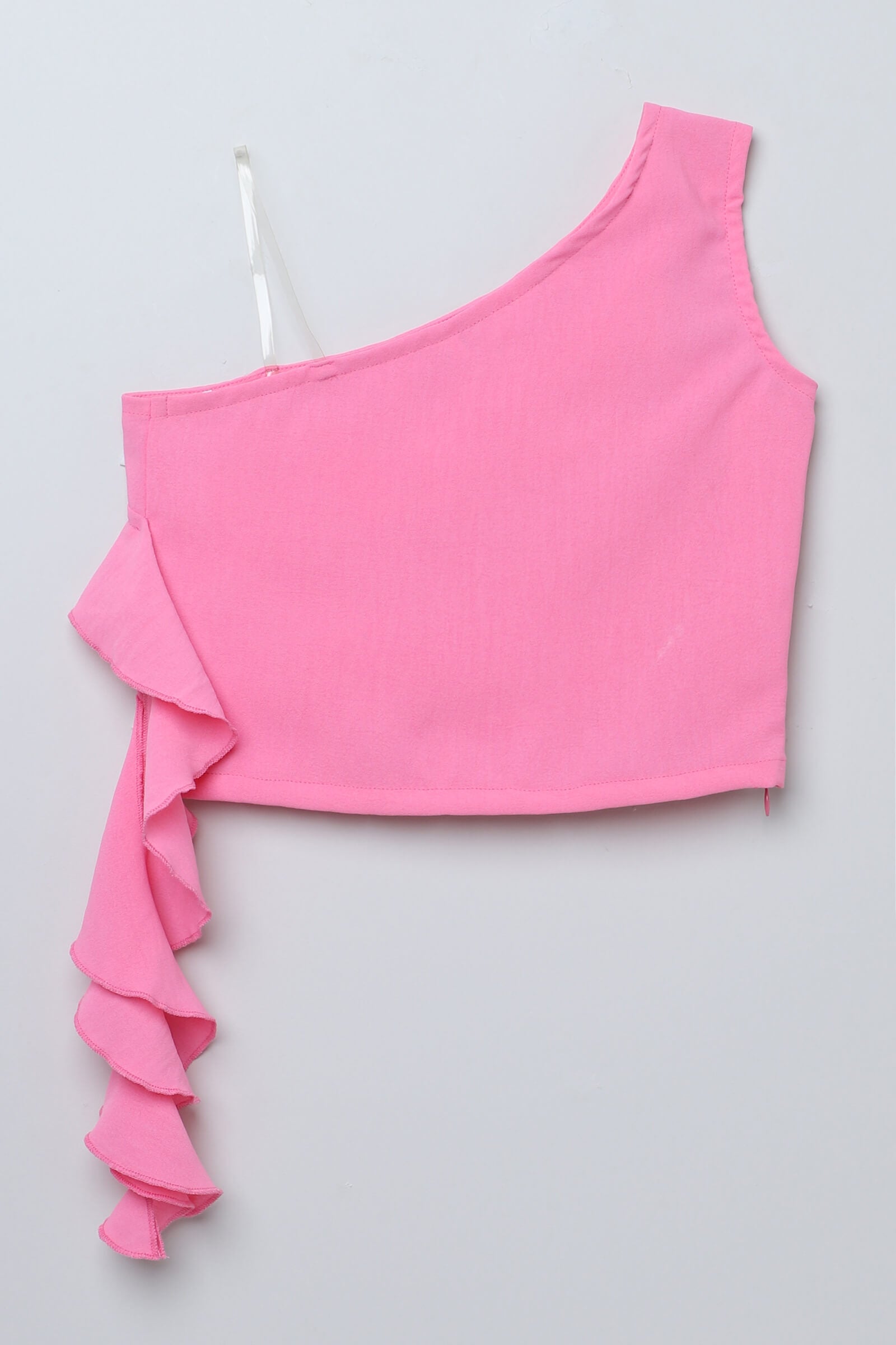 woven sleeveless ruffle detail one shoulder crop Top-Pink
