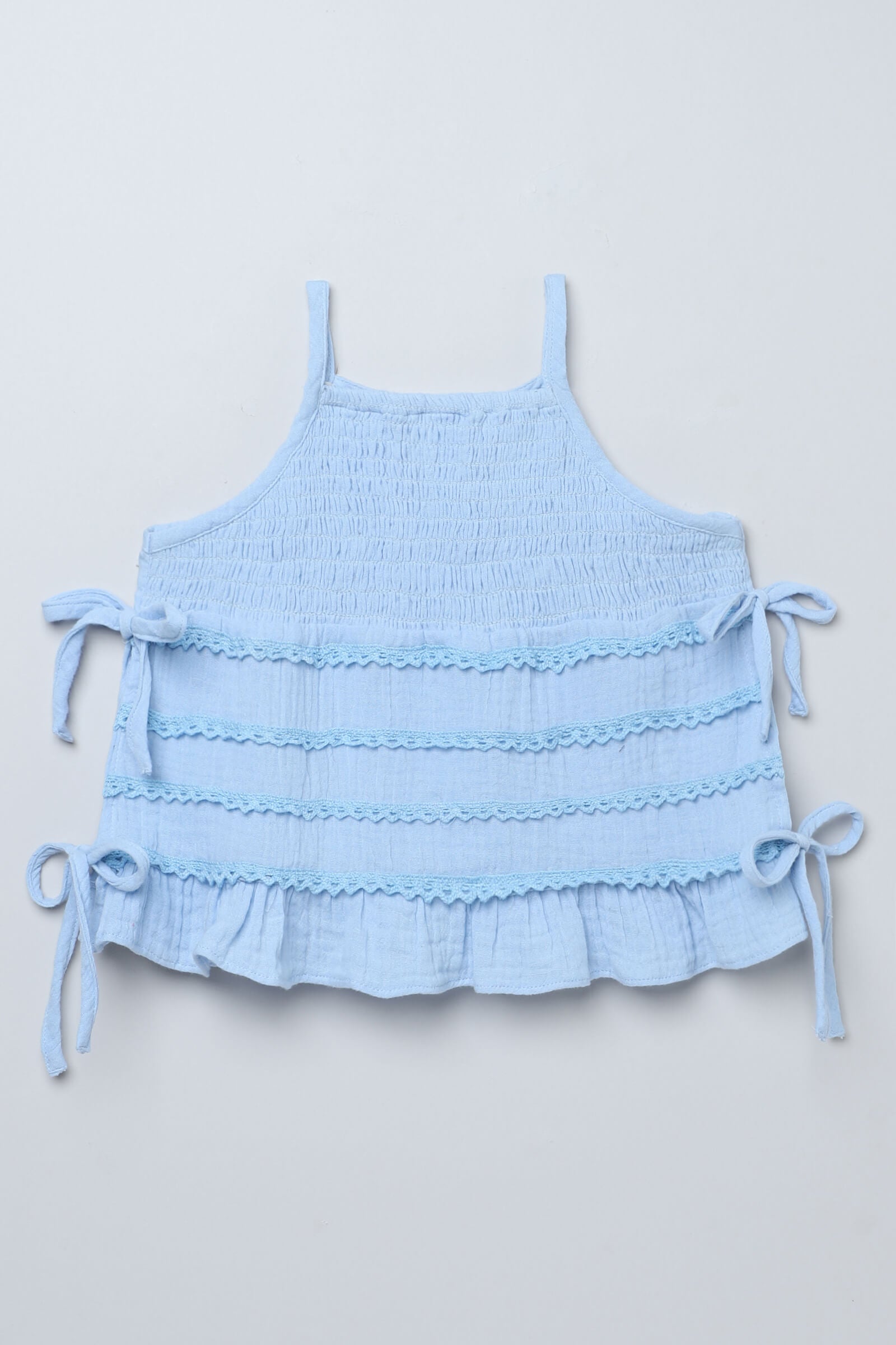 100% cotton woven sleeveless smocking and lace detail Side tie-up crop top-Blue
