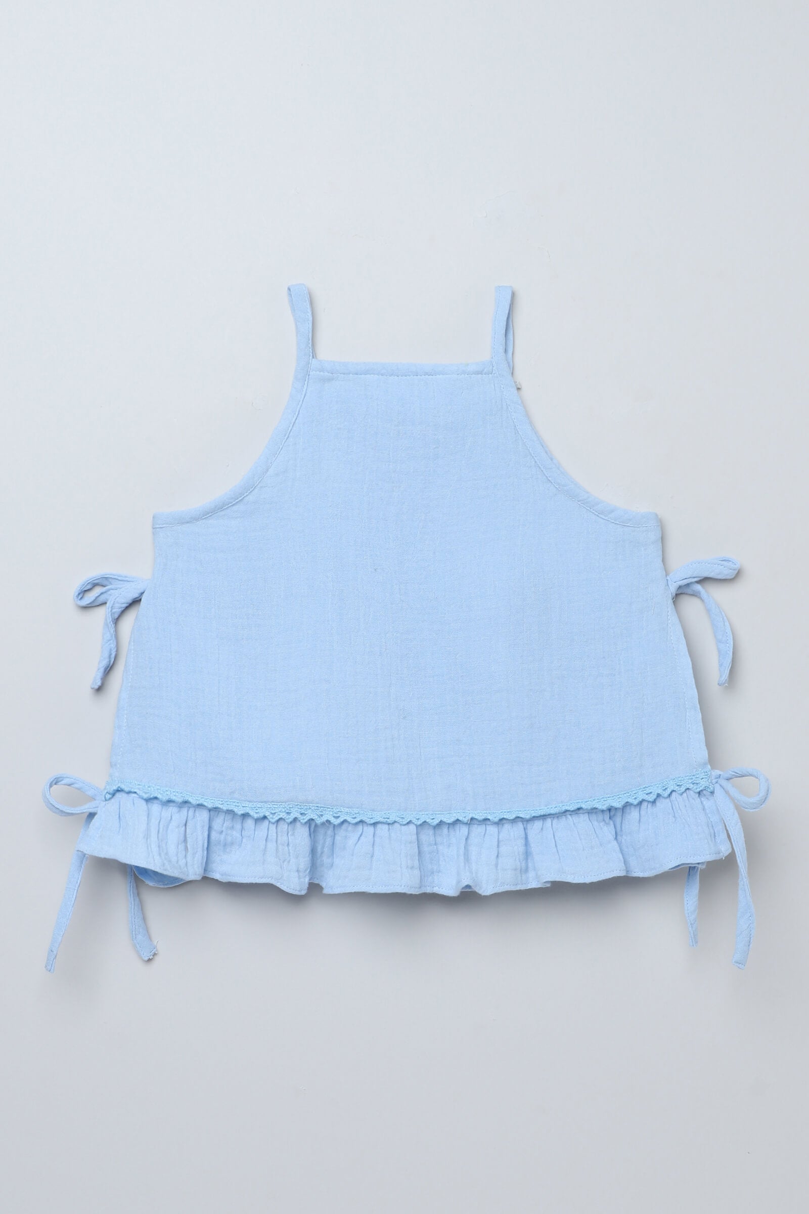 100% cotton woven sleeveless smocking and lace detail Side tie-up crop top-Blue