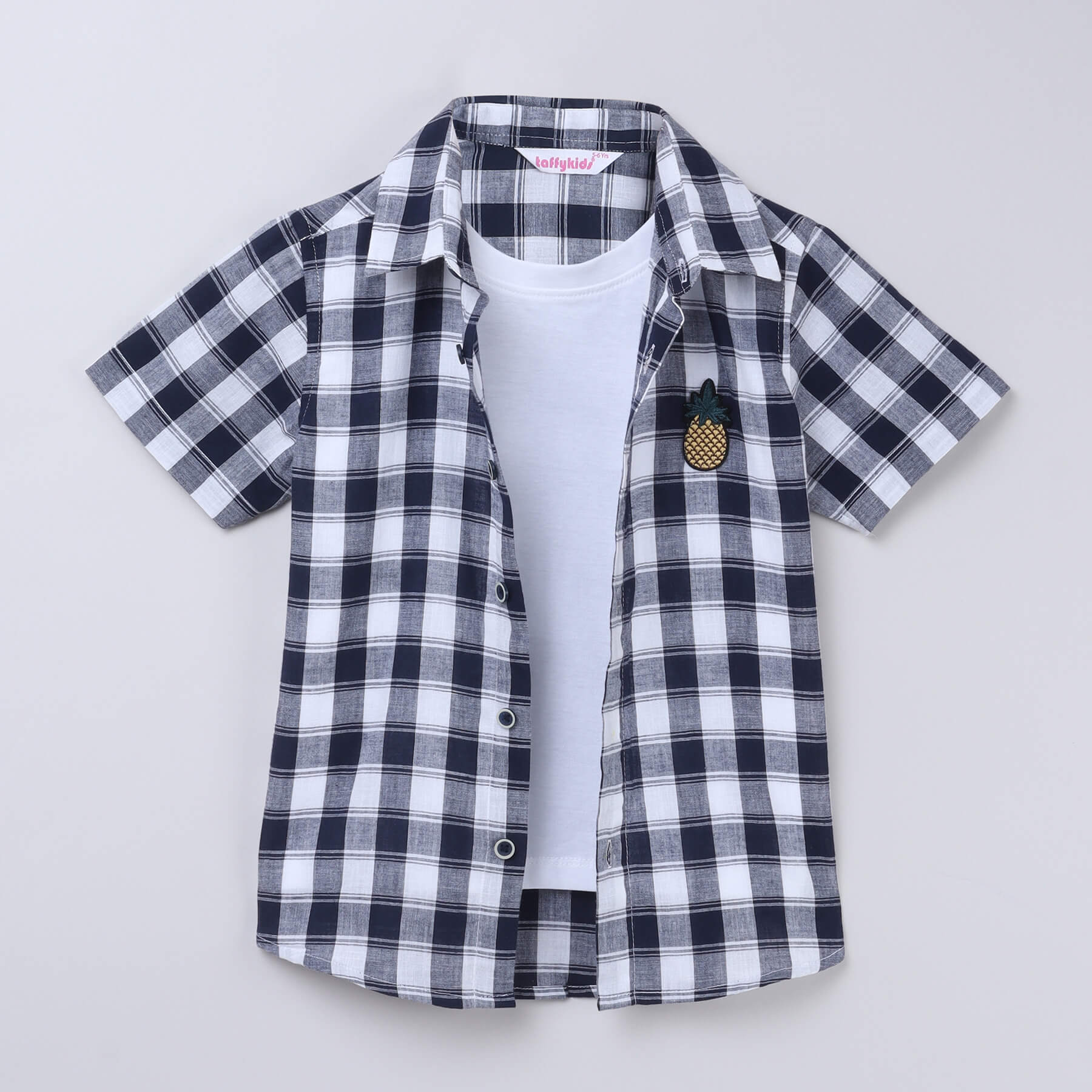 100% cotton half sleeves Checkered printed shirt with attached tee- White & navy blue