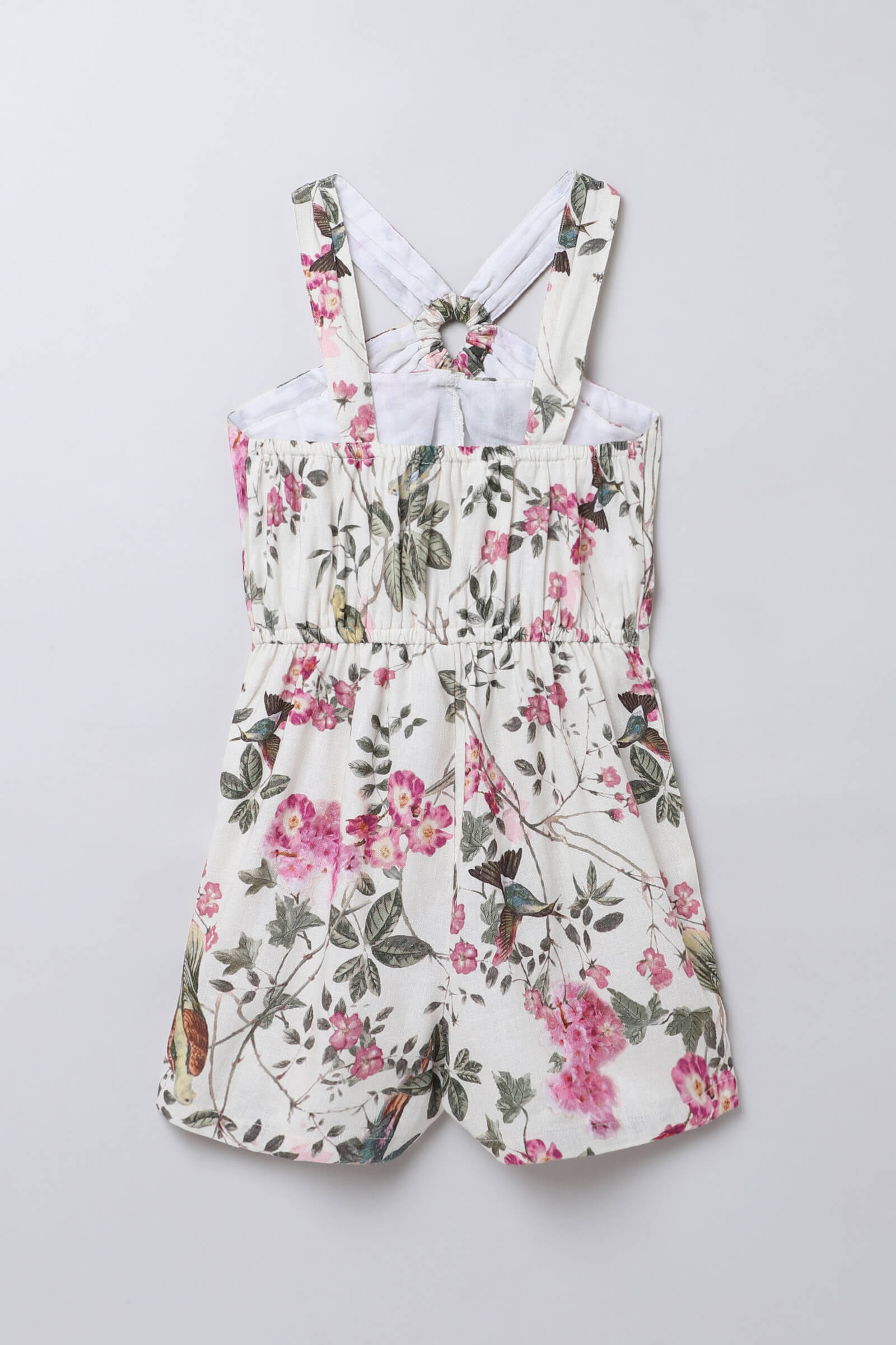 Sleeveless floral printed cut-out detailed playsuit-Beige/Multi