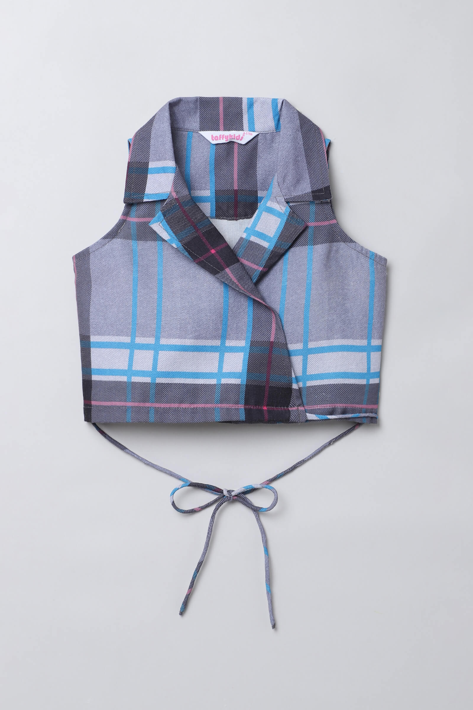 sleeveless checkered wrap around crop blazer Top-Grey & Multi
