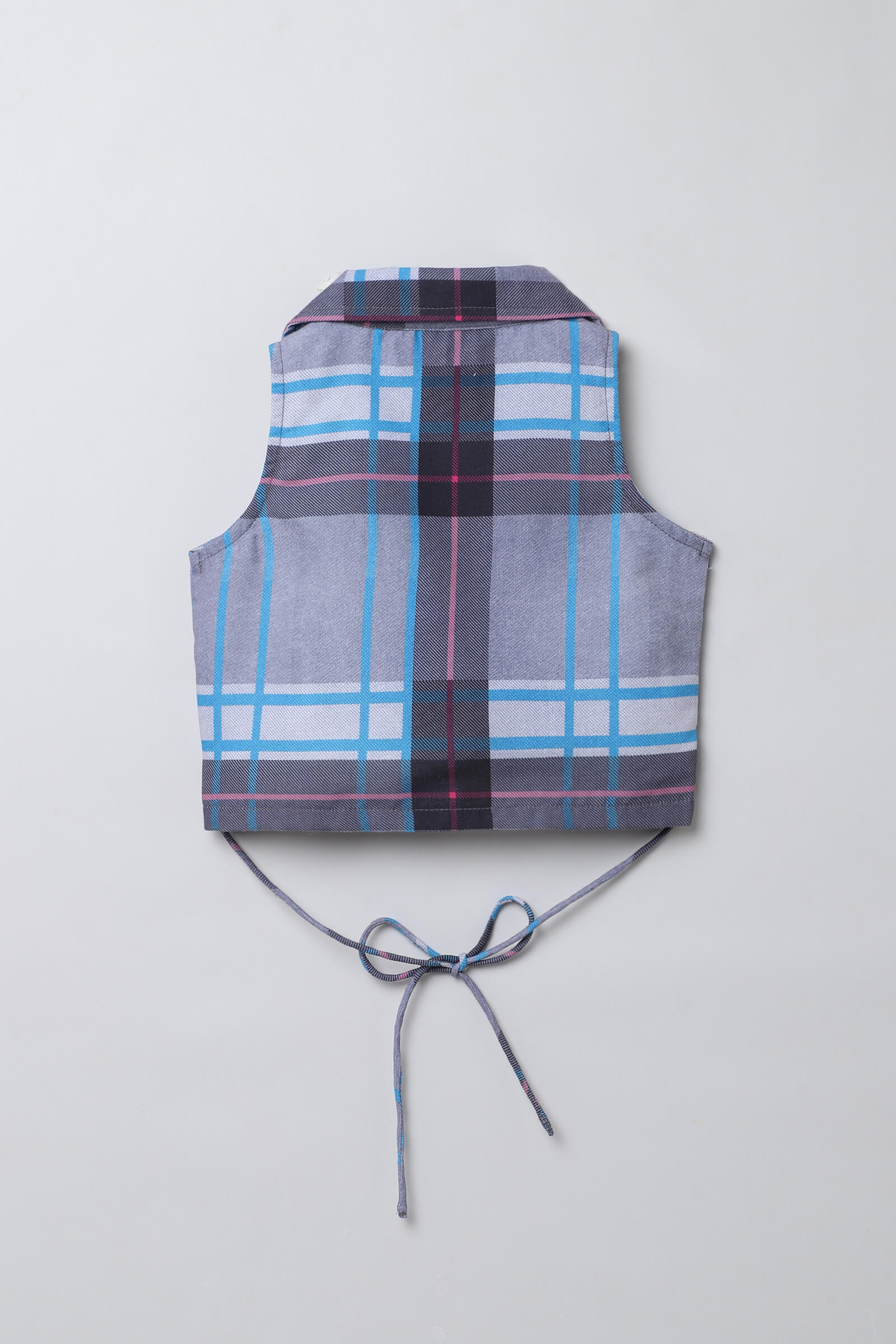 sleeveless checkered wrap around crop blazer Top-Grey & Multi