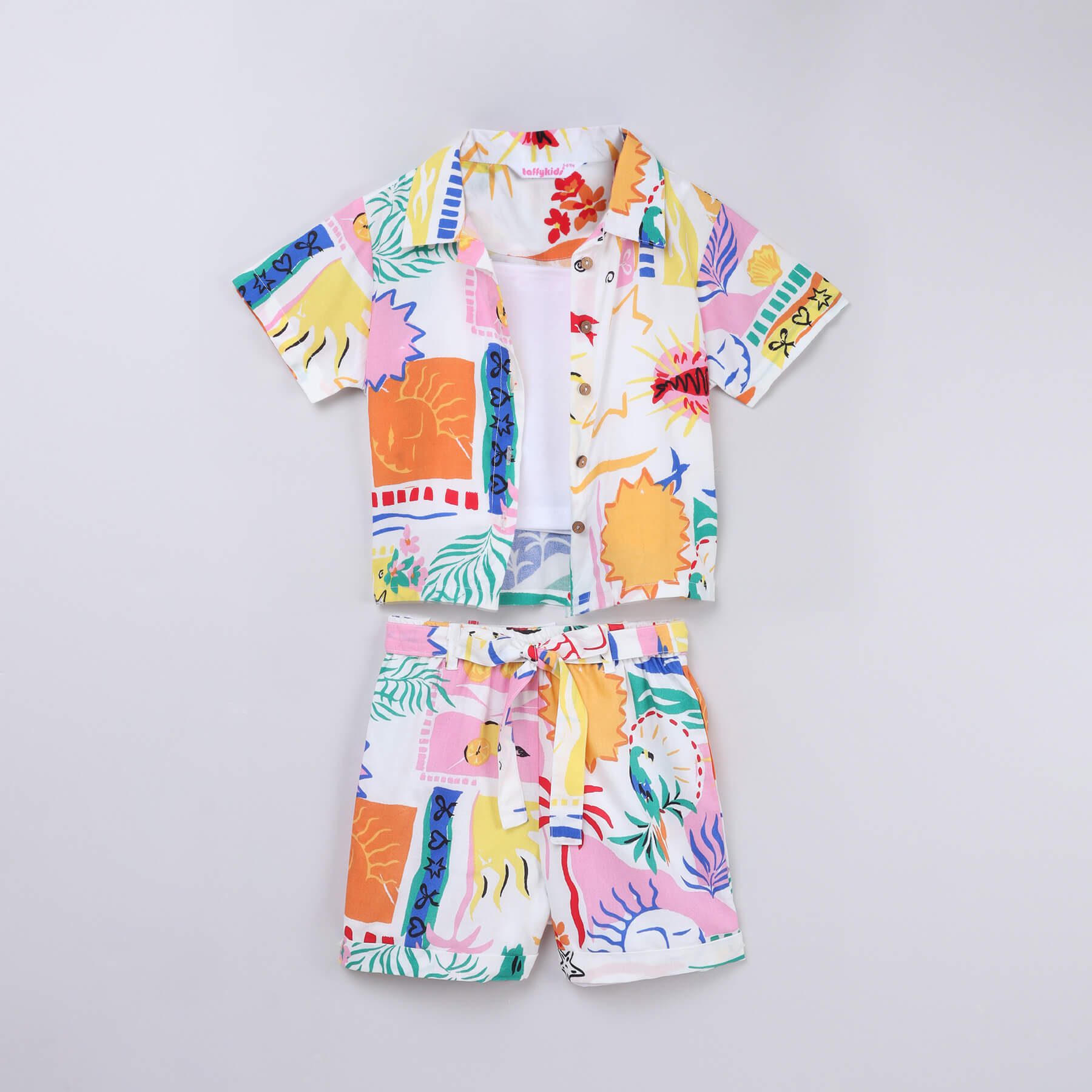 Summer theme printed half sleeves shirt with matching shorts with inner-White & multi