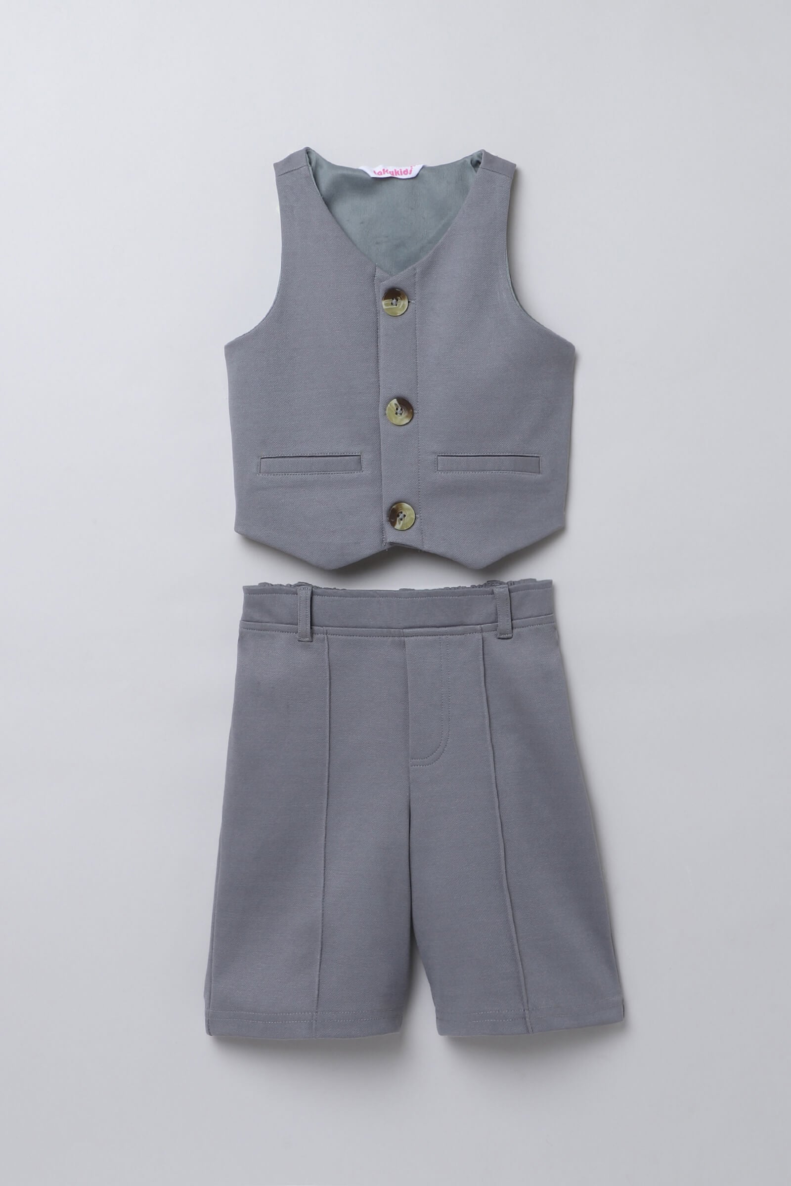 Sleeveless Button up vest and matching bermuda short set- Grey