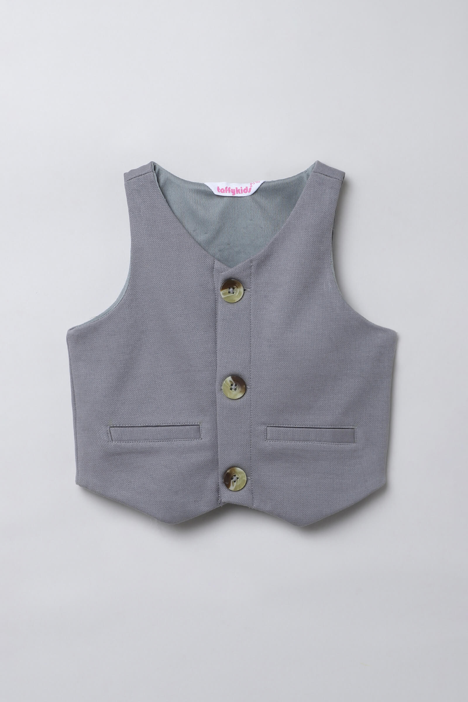 Sleeveless Button up vest and matching bermuda short set- Grey