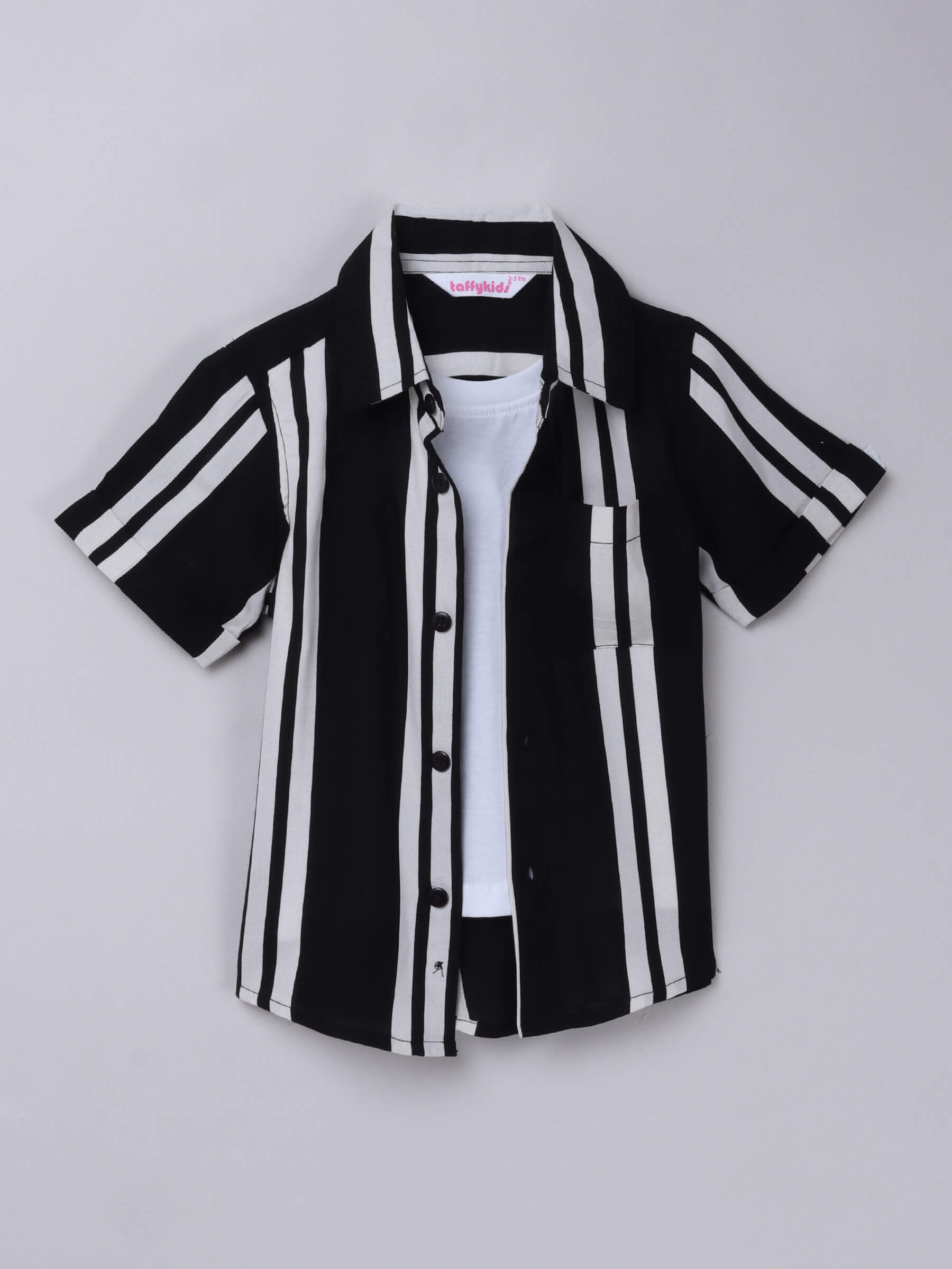 half sleeves stripe printed shirt with attached Tee-Black & White