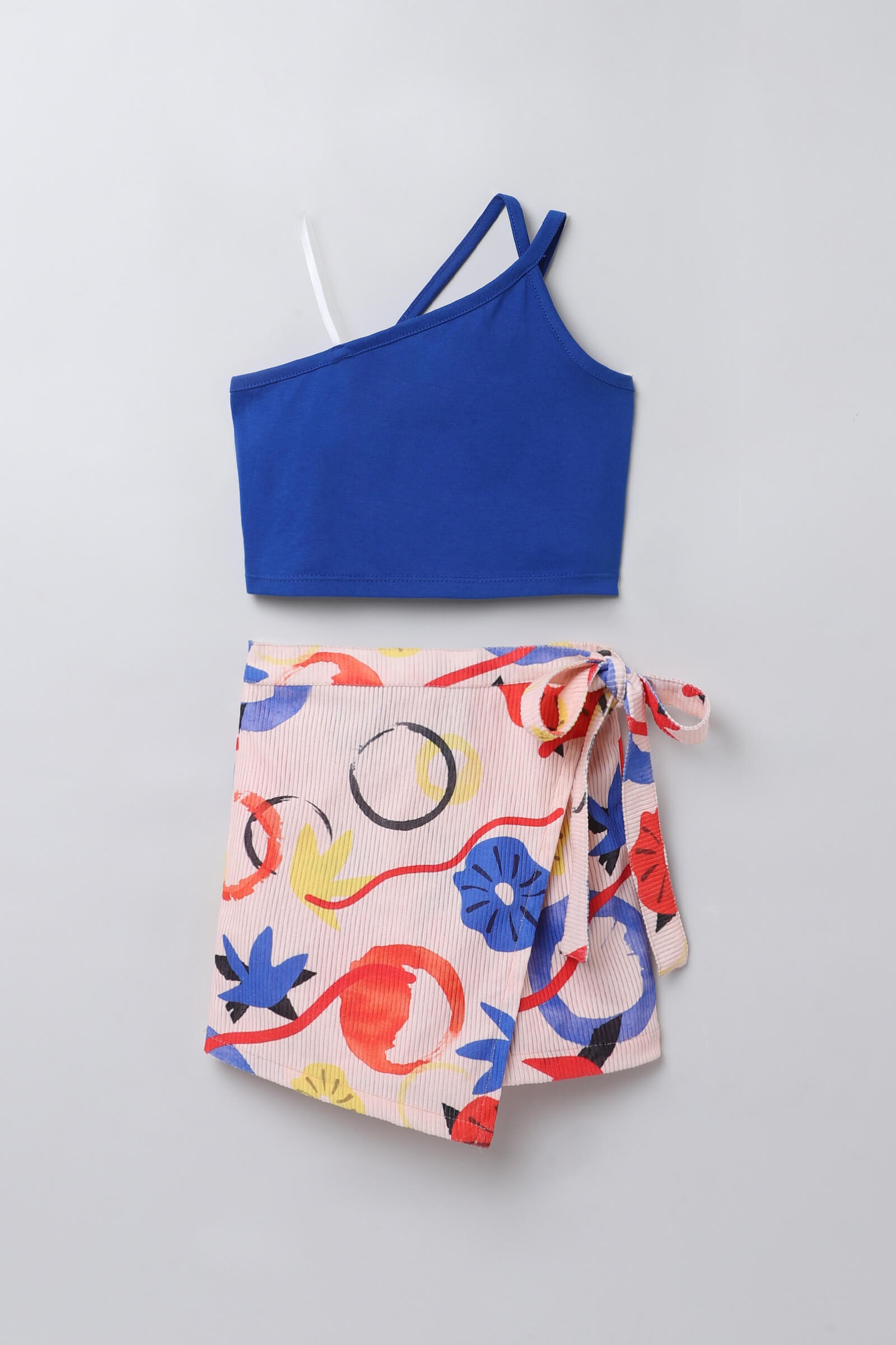 Cotton sleeveless asymmetric crop top and Brush strokes printed skort set-Blue & Multi