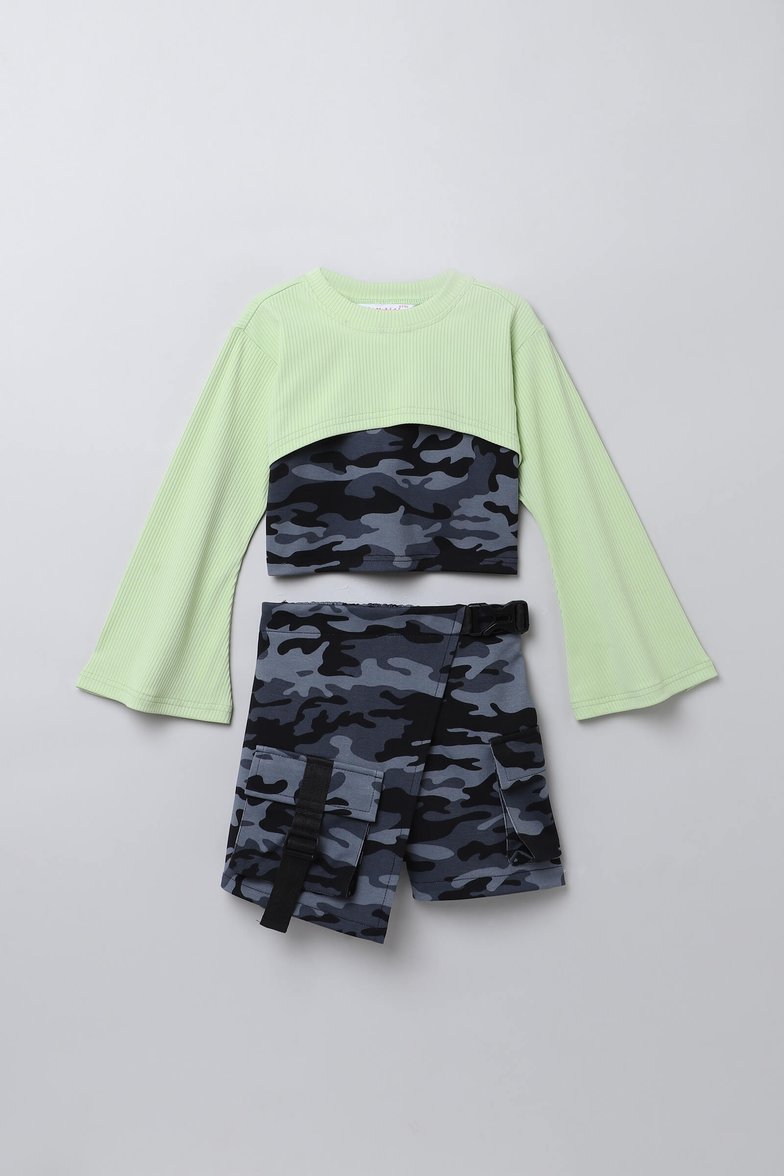 Rib Full sleeves bolero shrug with camouflage singlet crop top and cargo skort set- Multi