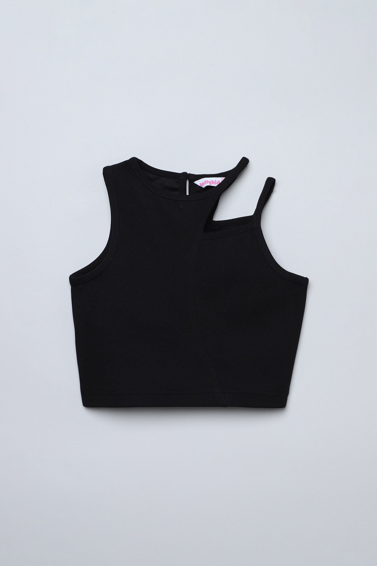 sleeveless texture asymmetrical neck crop Top- Black