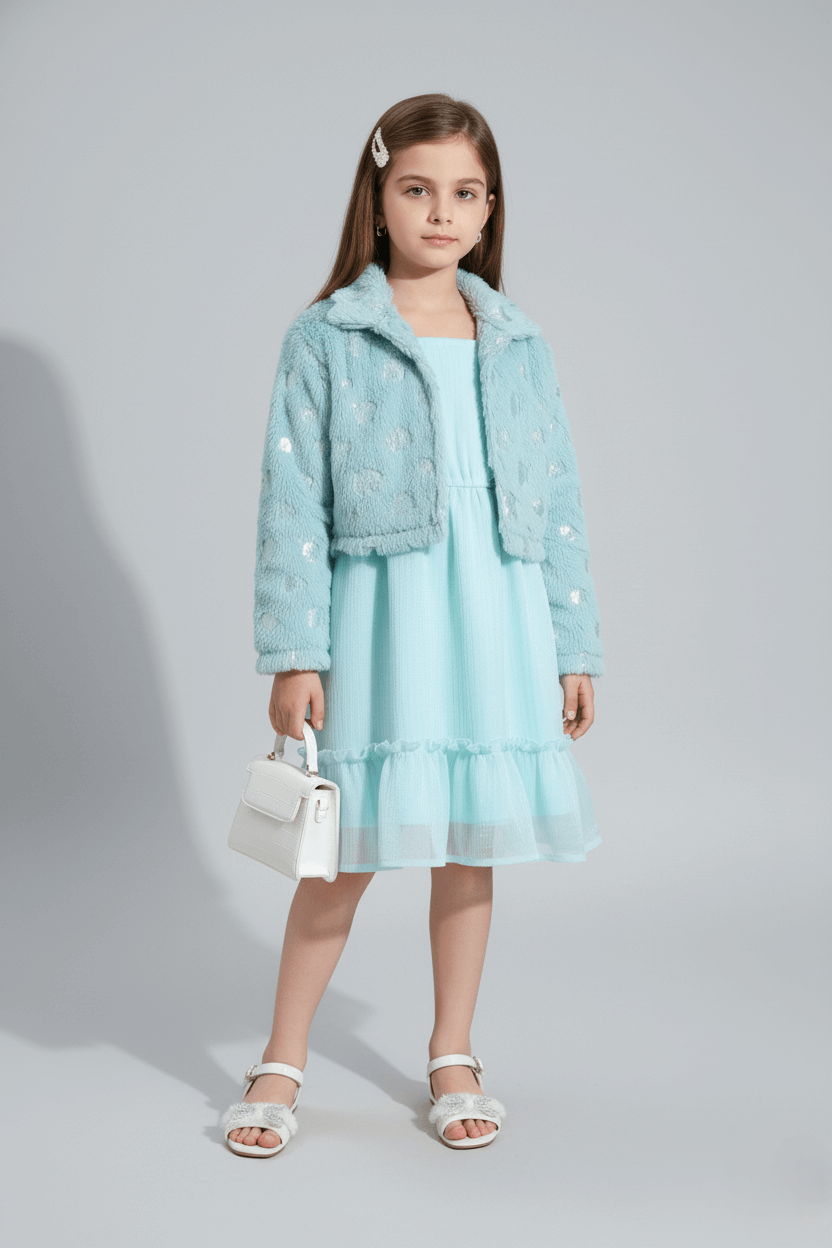 foil printed fur full sleeves collar shrug and singlet tiered dress set-Aquamarine