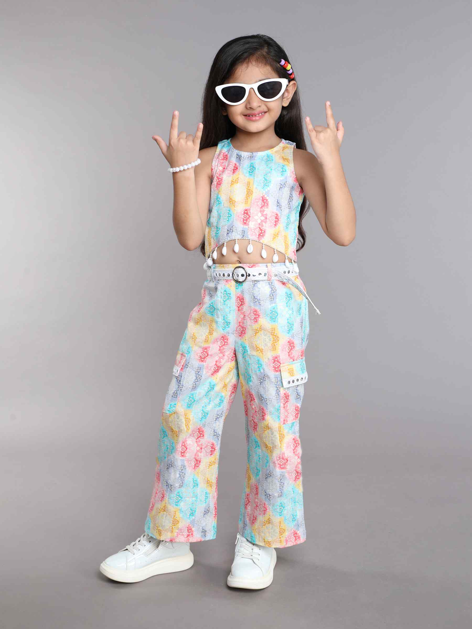 100% cotton bandhani printed crop top with belt detail matching cargo pants - Multi