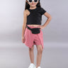 half sleeves crop top and texture skort set with waist bag-Black/mauve