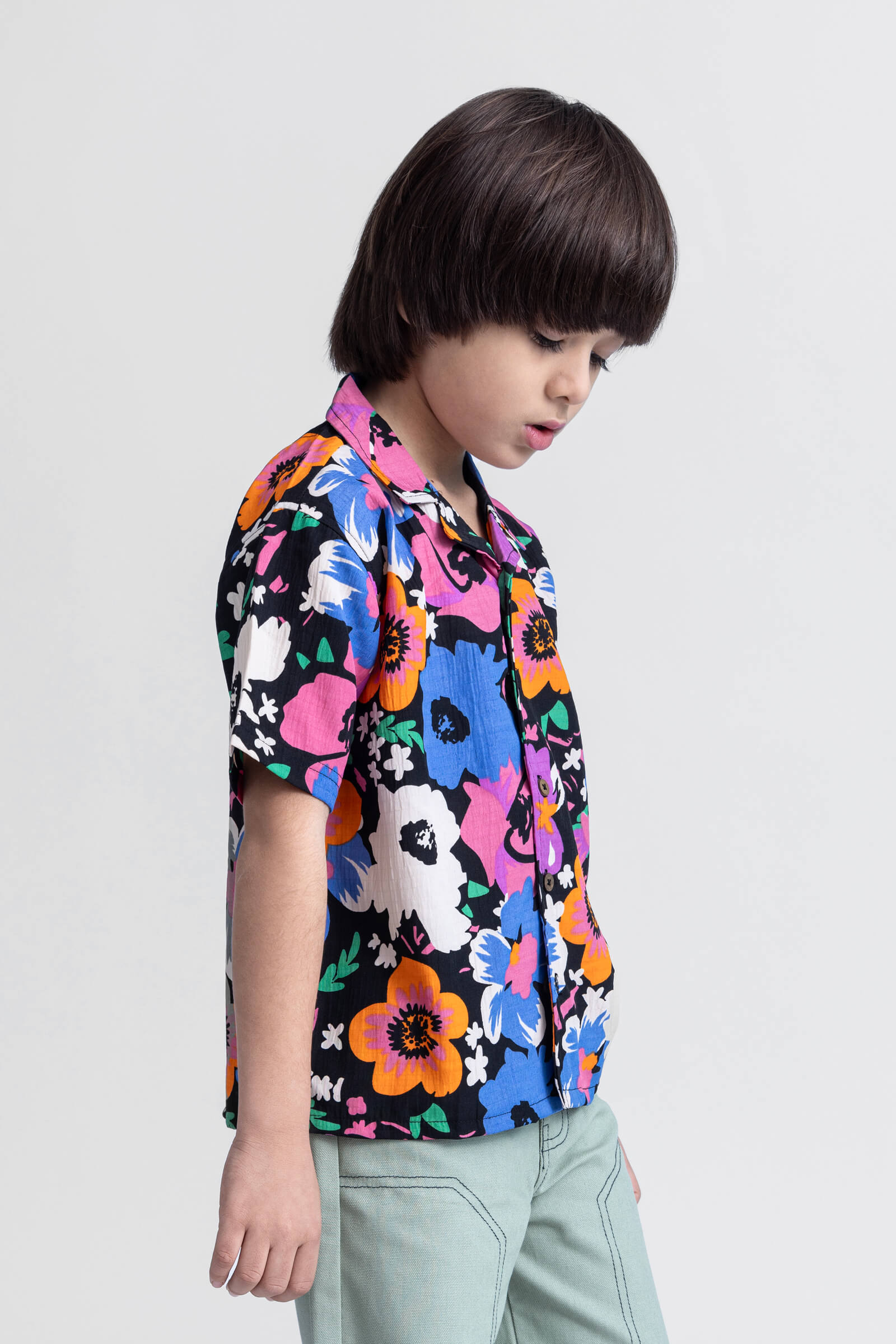 half sleeves floral printed button up Oversize shirt-Black & Multi