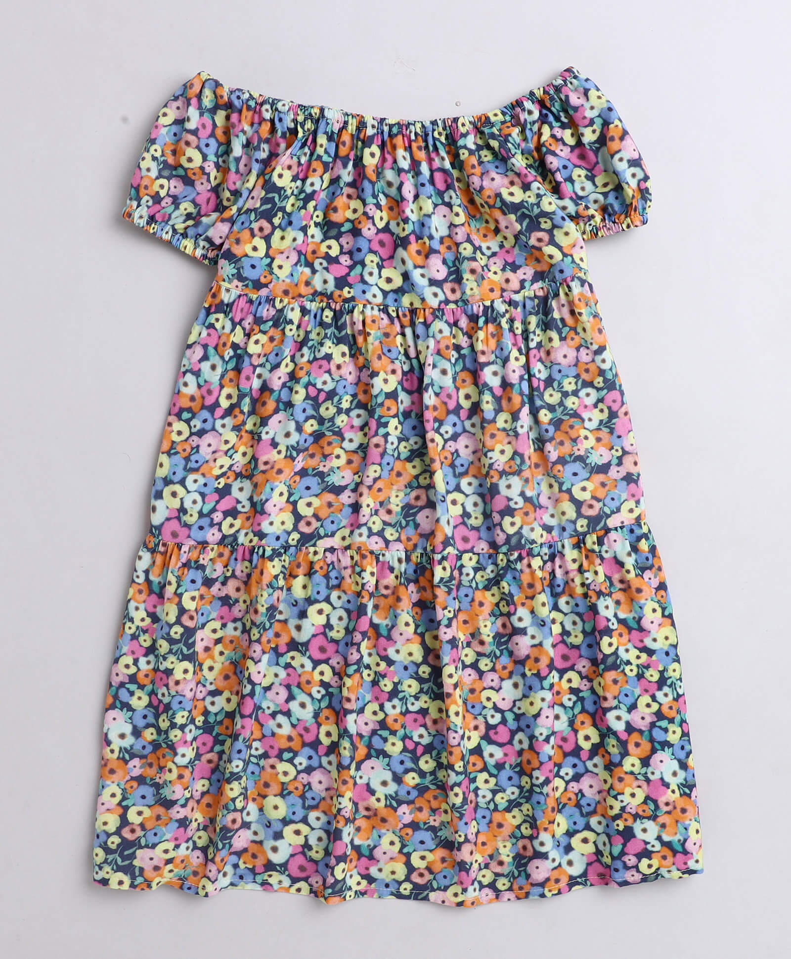 Taffykids multi short sleeves off-Shoulder tiered Floral Printed Dress - Multi Color