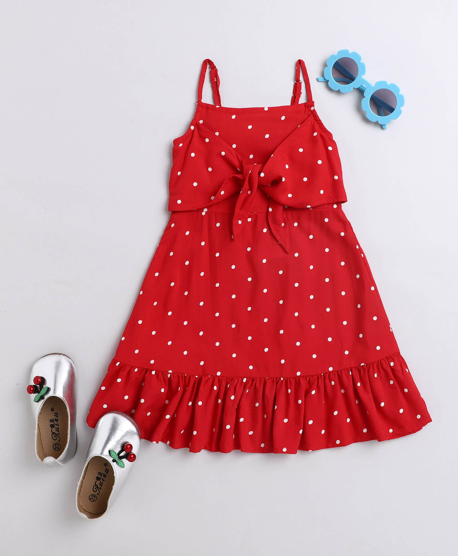 Taffykids red Sleeveless Front Tie Up Polka Dots Printed Dress - Red