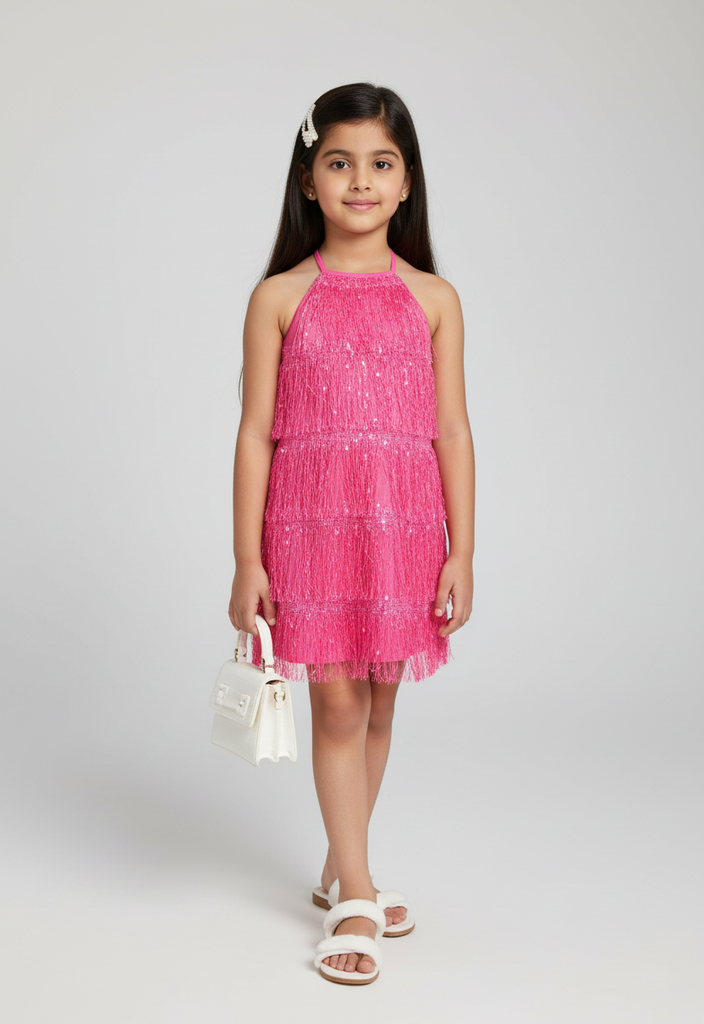 knit sleeveless halter neck fringe dress- Pink