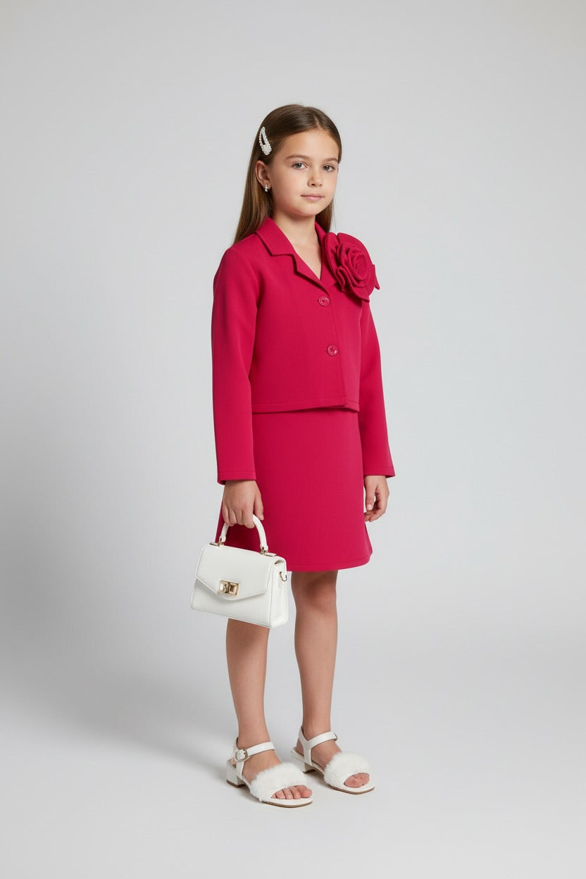 woven full sleeve flower detail crop blazer and Matching skirt set- Hot pink