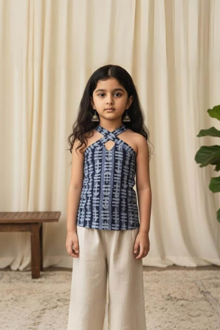 100% cotton woven sleeveless abstract printed cut out detail Top-Navy