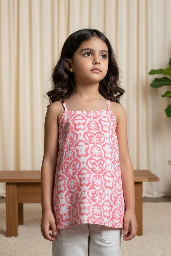 100% cotton woven sleeveless Abstract Printed back tie up top- Red & white