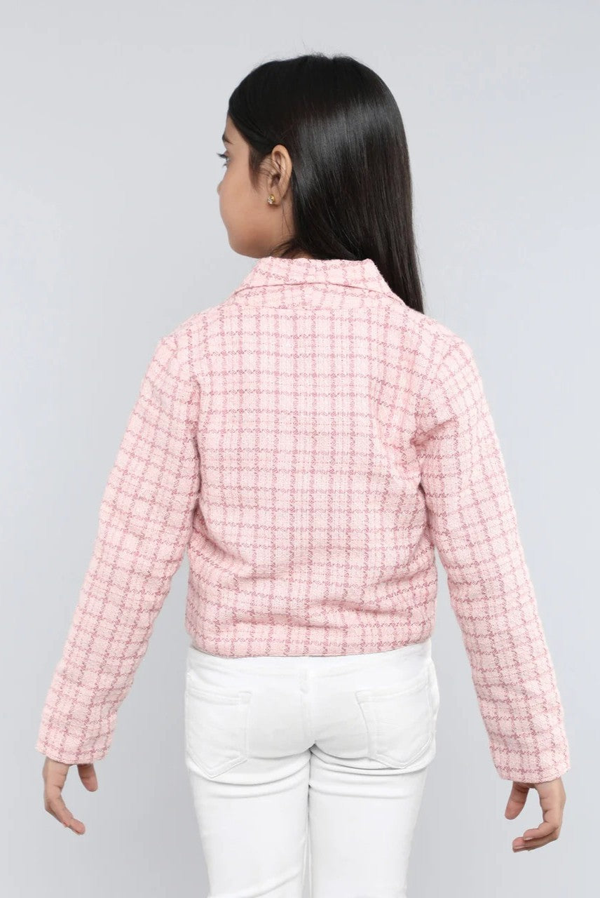 tweed full sleeves slit and bow detail crop blazer-Pink