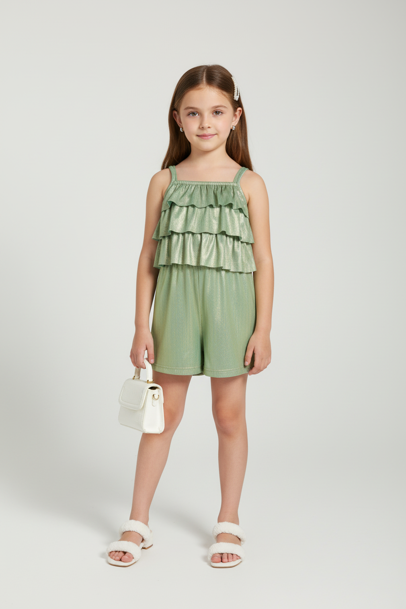 knit sleeveless foil printed Layered playsuit-Green
