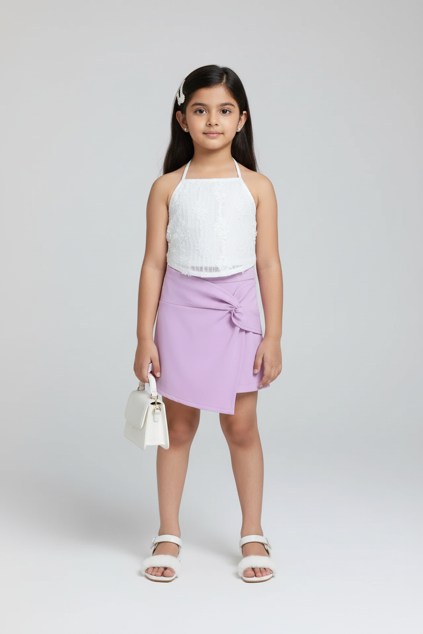 knit sleeveless embroidered halter neck crop top and twist detail skort set- White & Lilac