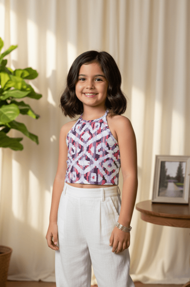 100% cotton woven sleeveless batik printed back tie up crop top- Multi