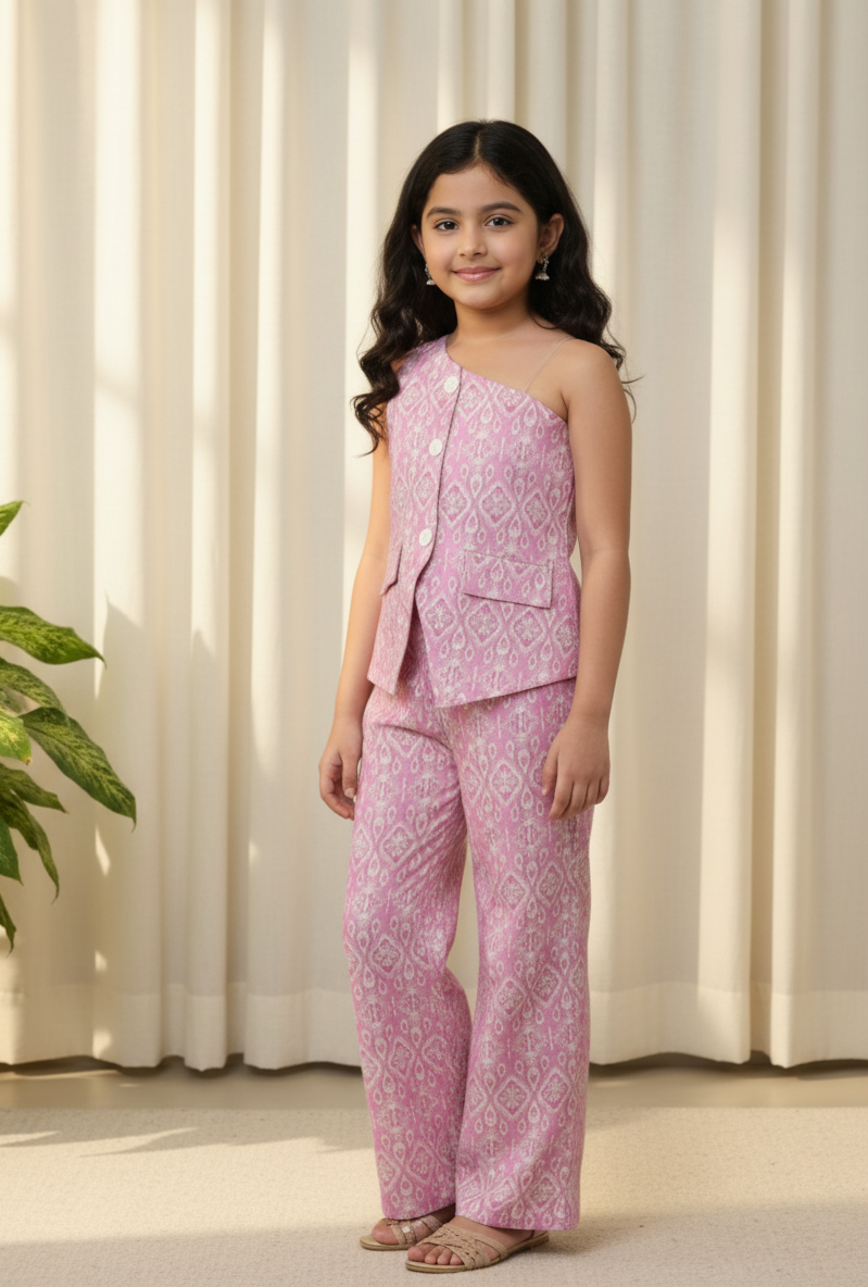 Cotton blend woven sleeveless printed one shoulder ethnic vest top and pant set-Pink & White