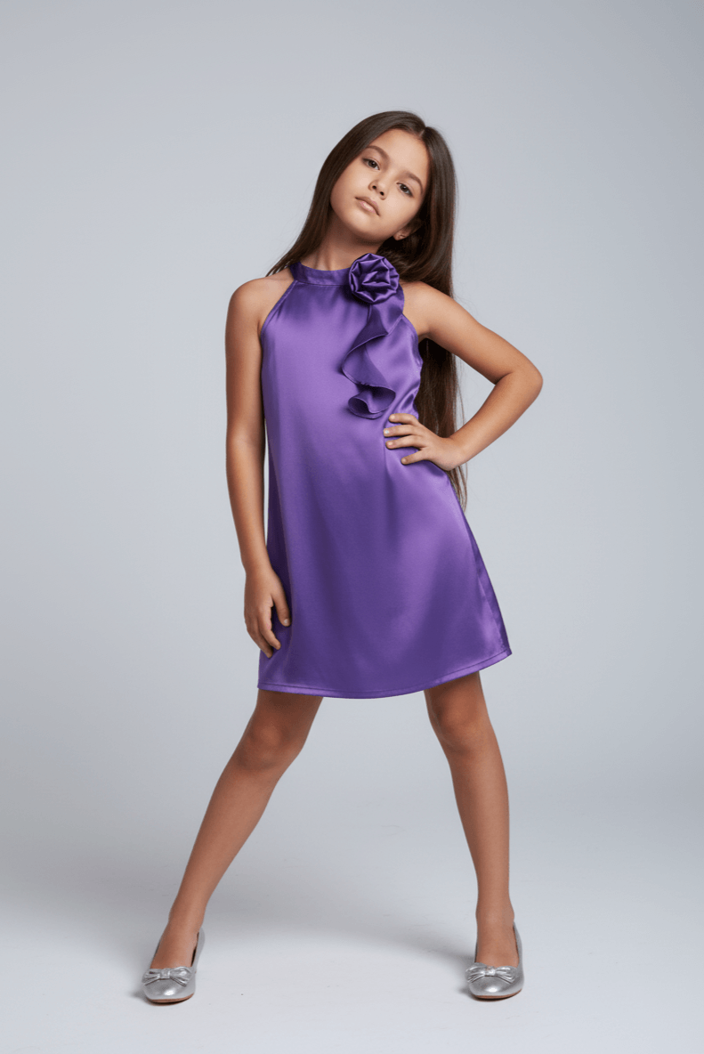 satin woven sleeveless rose applique Aline dress-Purple