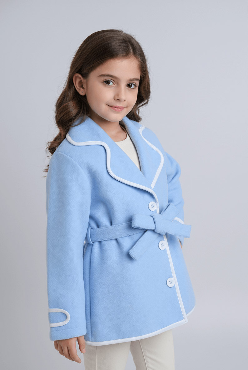 piping detail full sleeves winter jacket with tie up belt-Blue