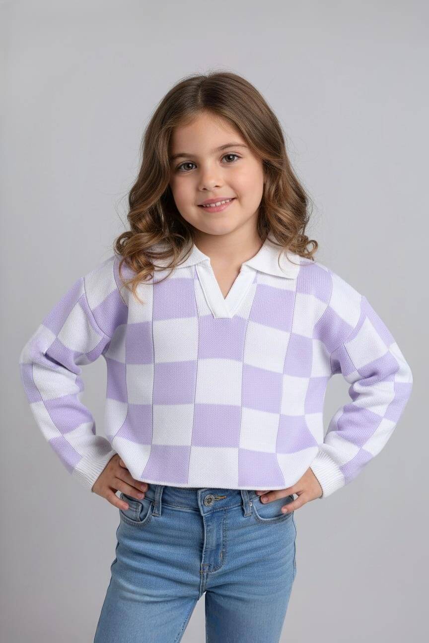 full sleeves collar neck checked crop Sweater-Lilac/white