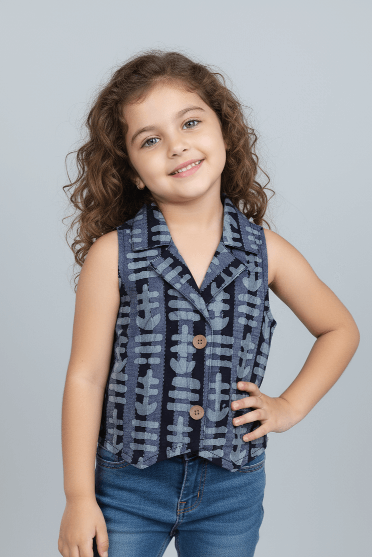 100% cotton woven sleeveless abstract printed collared crop vest Top- Navy