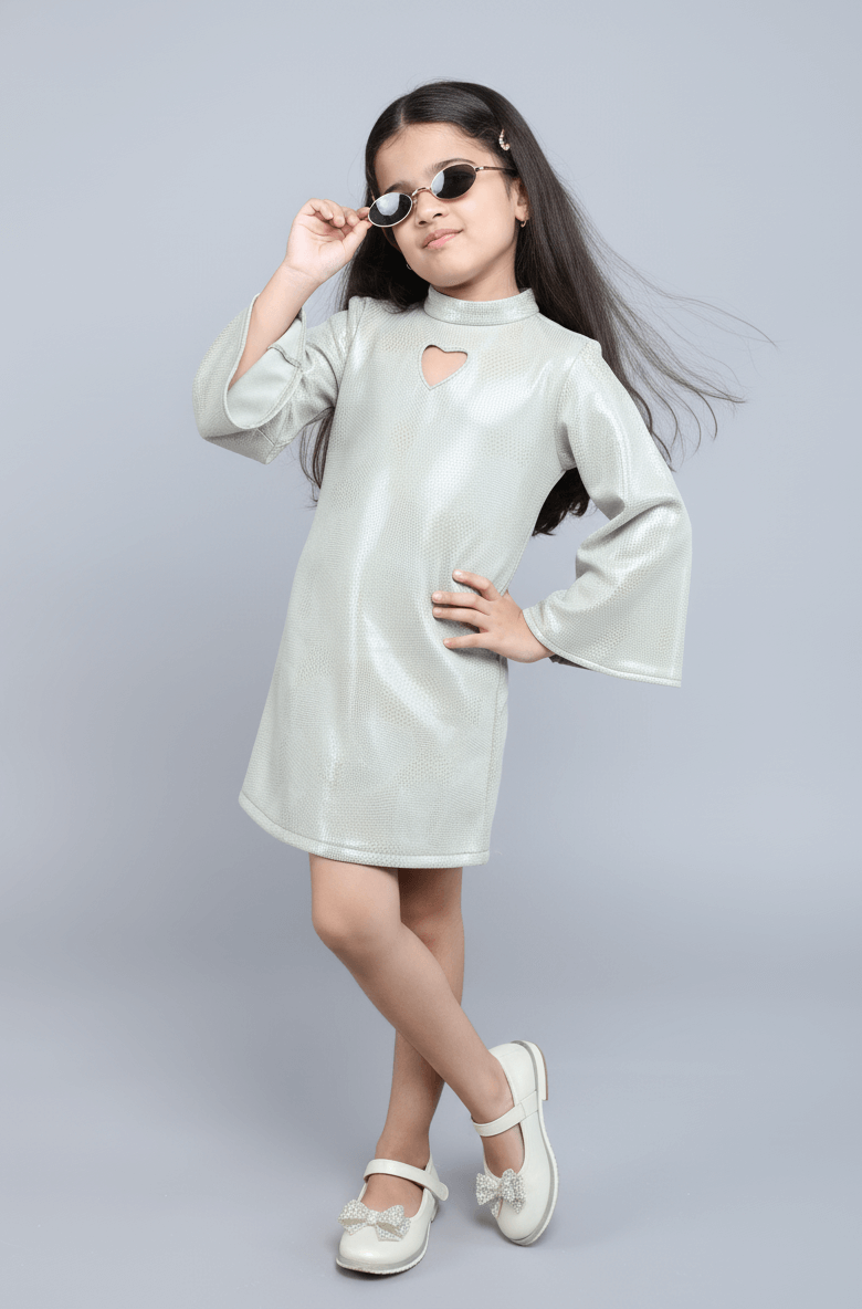 foil printed heart shape cut out detail flared sleeve Aline party dress-Mint Green