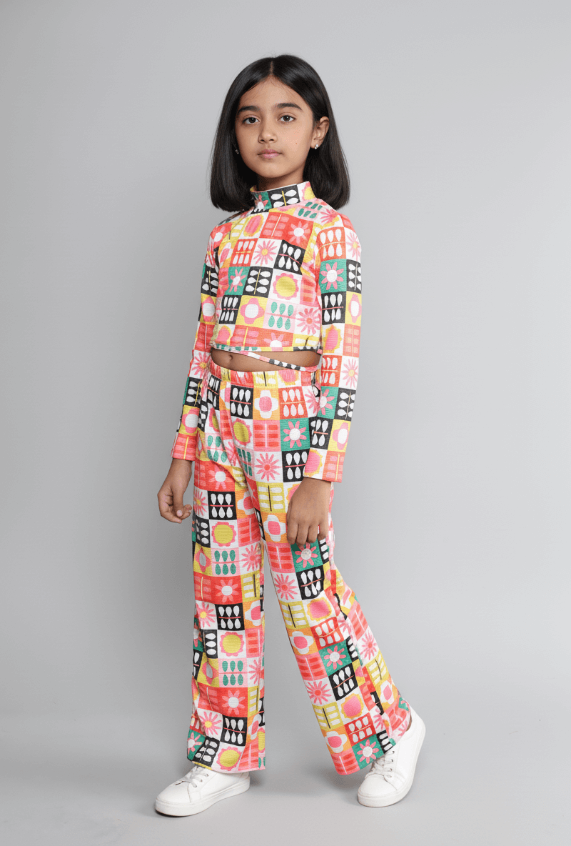 Retro floral printed full sleeves waist tie up crop top with matching pant set-Multi