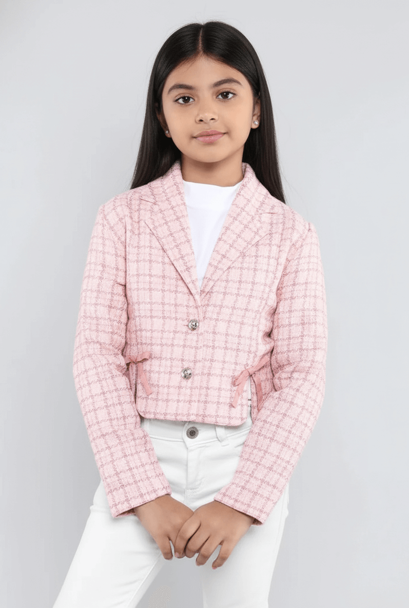 tweed full sleeves slit and bow detail crop blazer-Pink