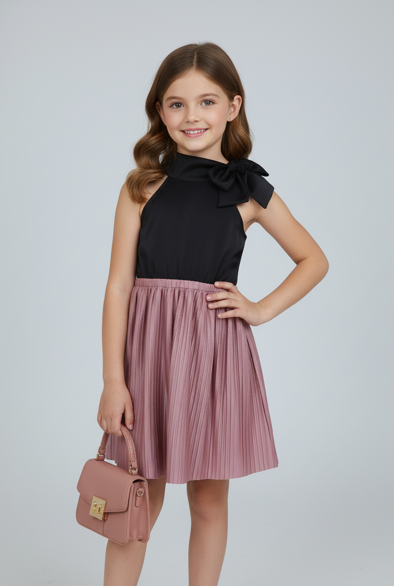 pleated woven sleeveless neck tie halter dress-  Black & Onion pink